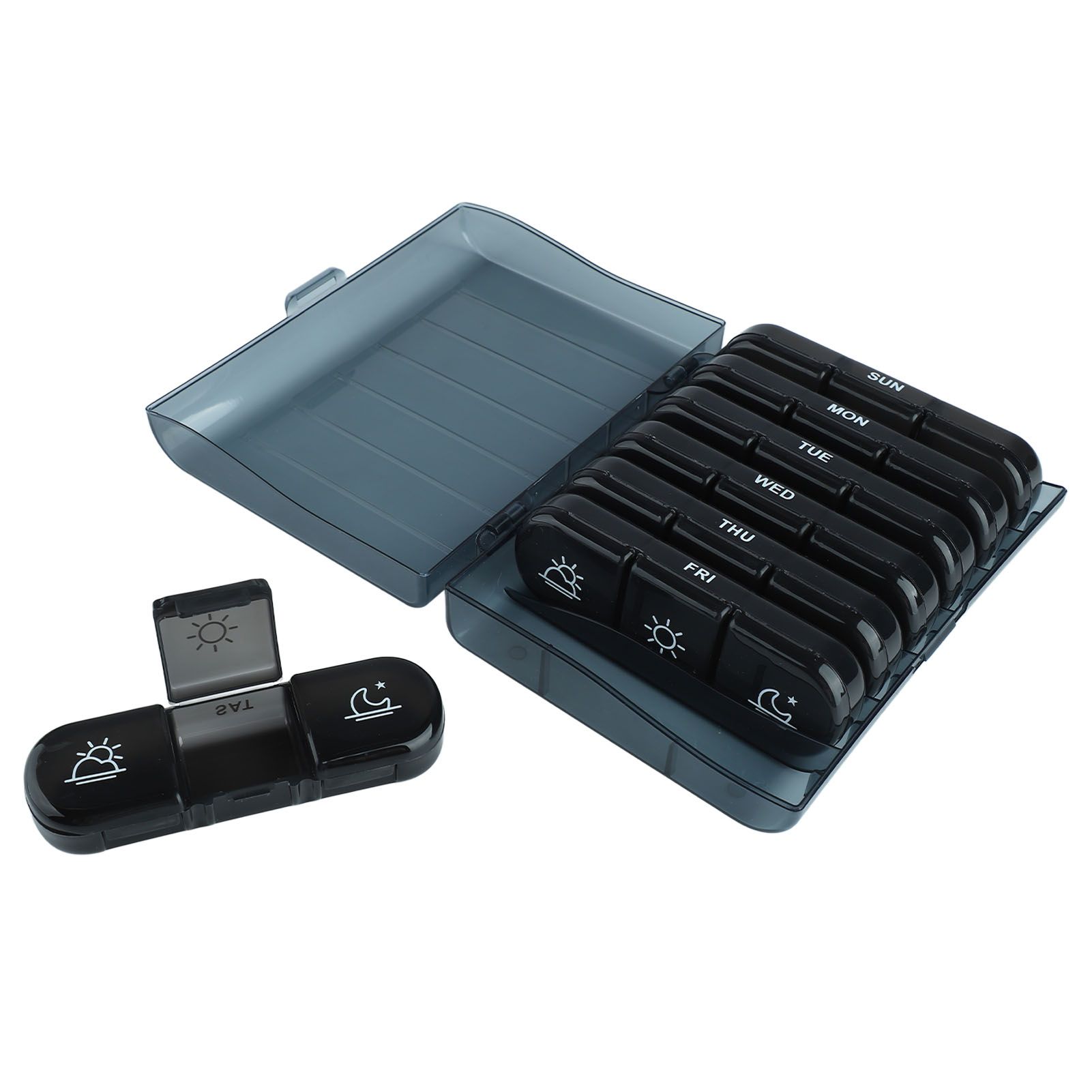 3 Times A Day 7 Day Pill Organizer 21 Grid Portable Pill Organizer Travel Medicine Container Black Black Shell - Image 1