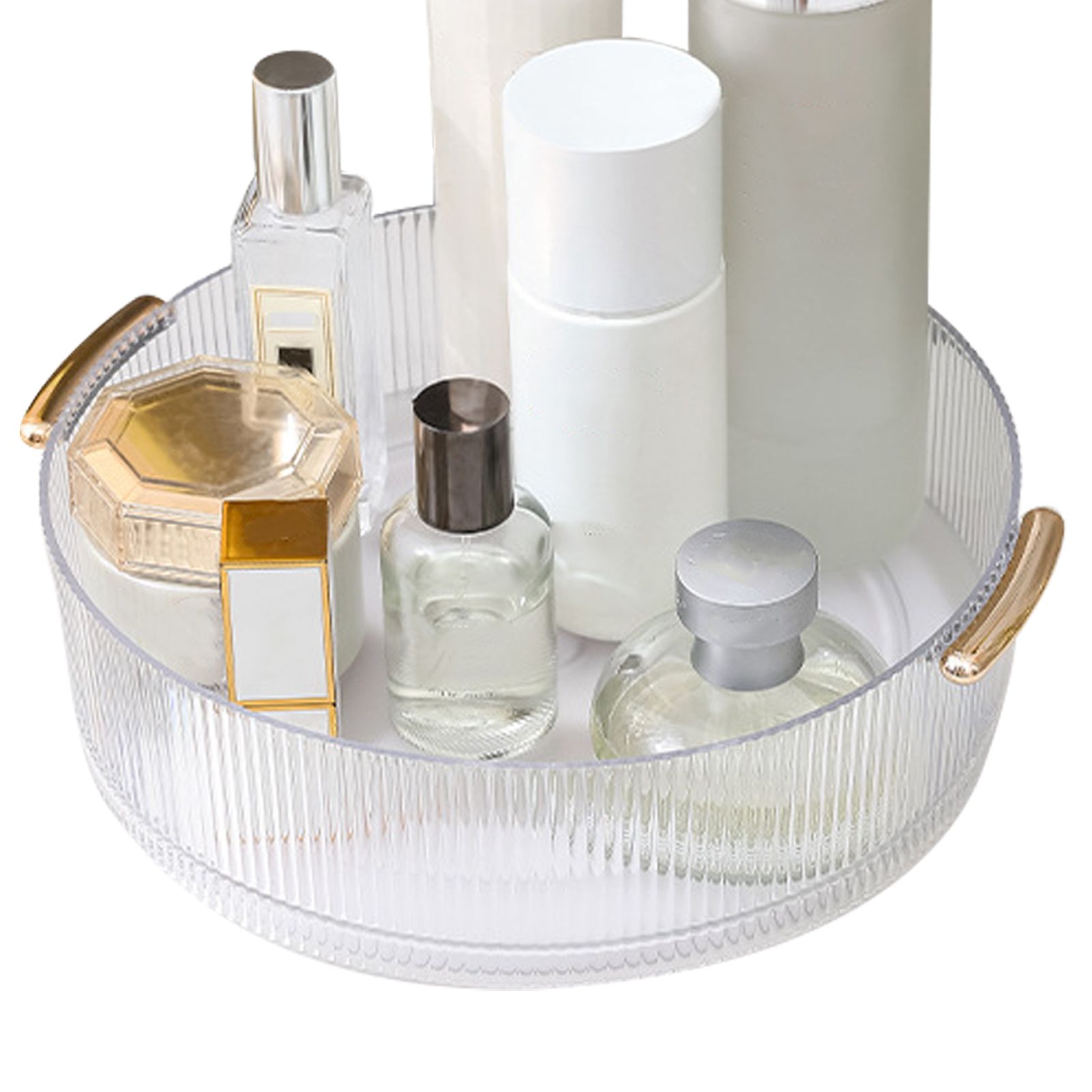 360 Rotating Cosmetic Organizer Texture Storage Rotating Makeup Desk Organizer with Handle for Bathroom Washroom Transparent - Image 3