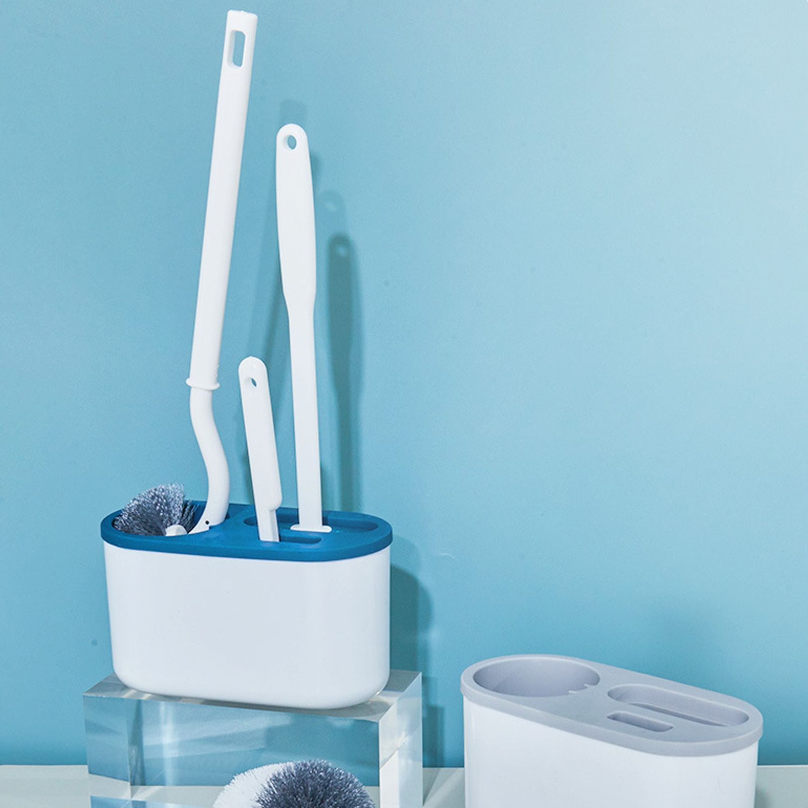 4 Pieces Toilet Bowl Brush Set Punch Free Wall Mounted Toilet Brush Holder with 3 Brush for Bathroom Blue - Image 3