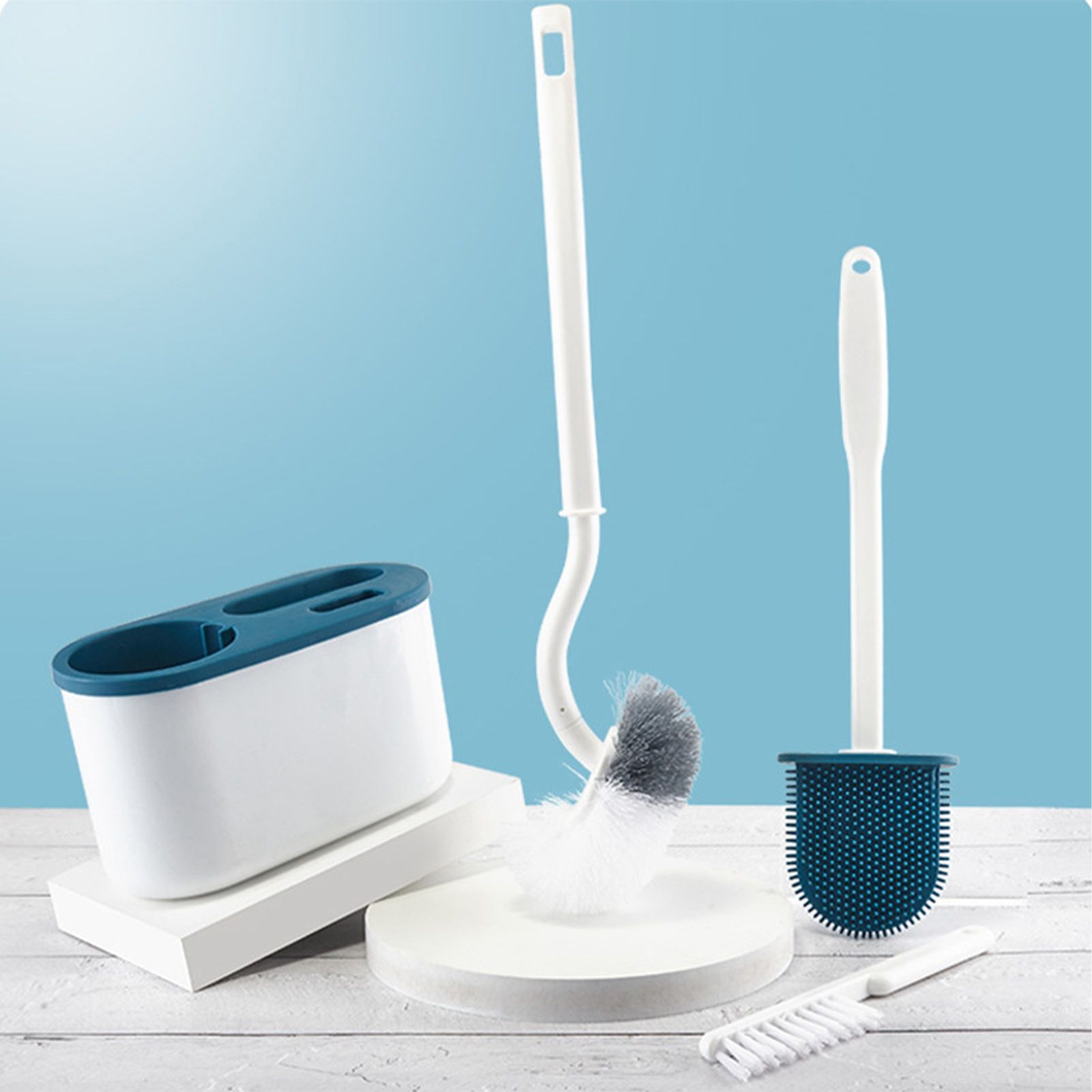 4 Pieces Toilet Bowl Brush Set Punch Free Wall Mounted Toilet Brush Holder with 3 Brush for Bathroom Blue - Image 4