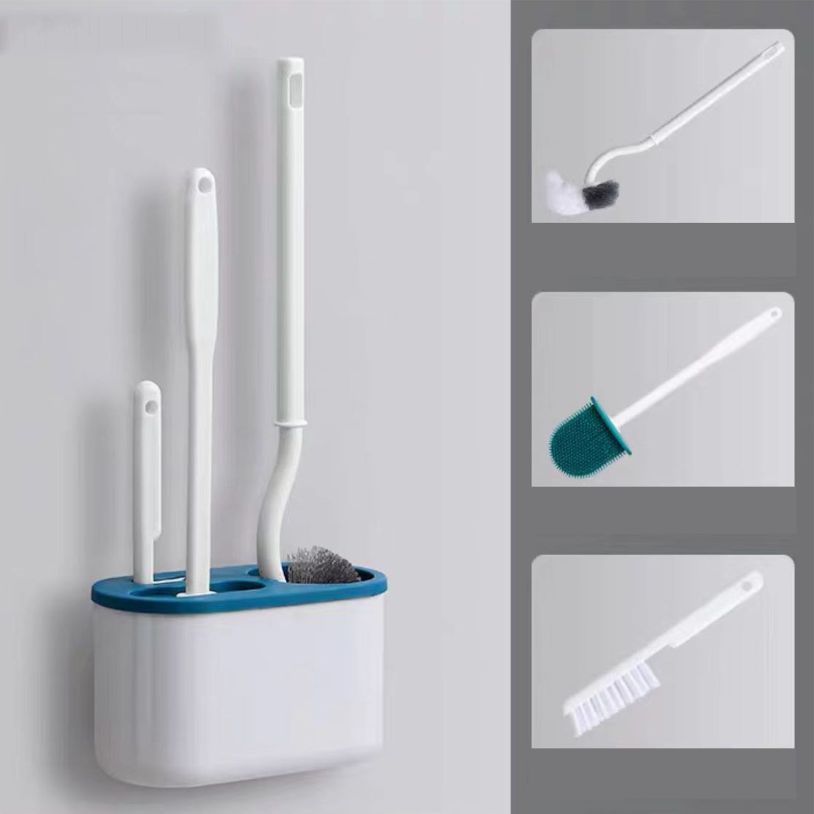 4 Pieces Toilet Bowl Brush Set Punch Free Wall Mounted Toilet Brush Holder with 3 Brush for Bathroom Blue - Image 5
