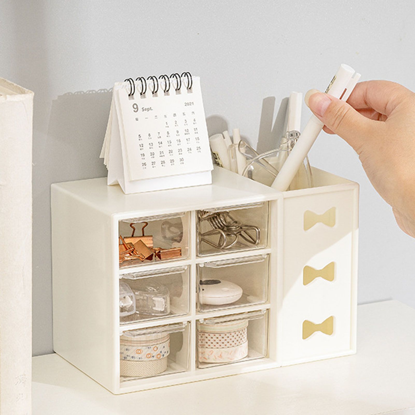Pen Desk Shelf Dustproof 6 Drawers Pen Organization Storage Shelf for Students Office People White - Image 5
