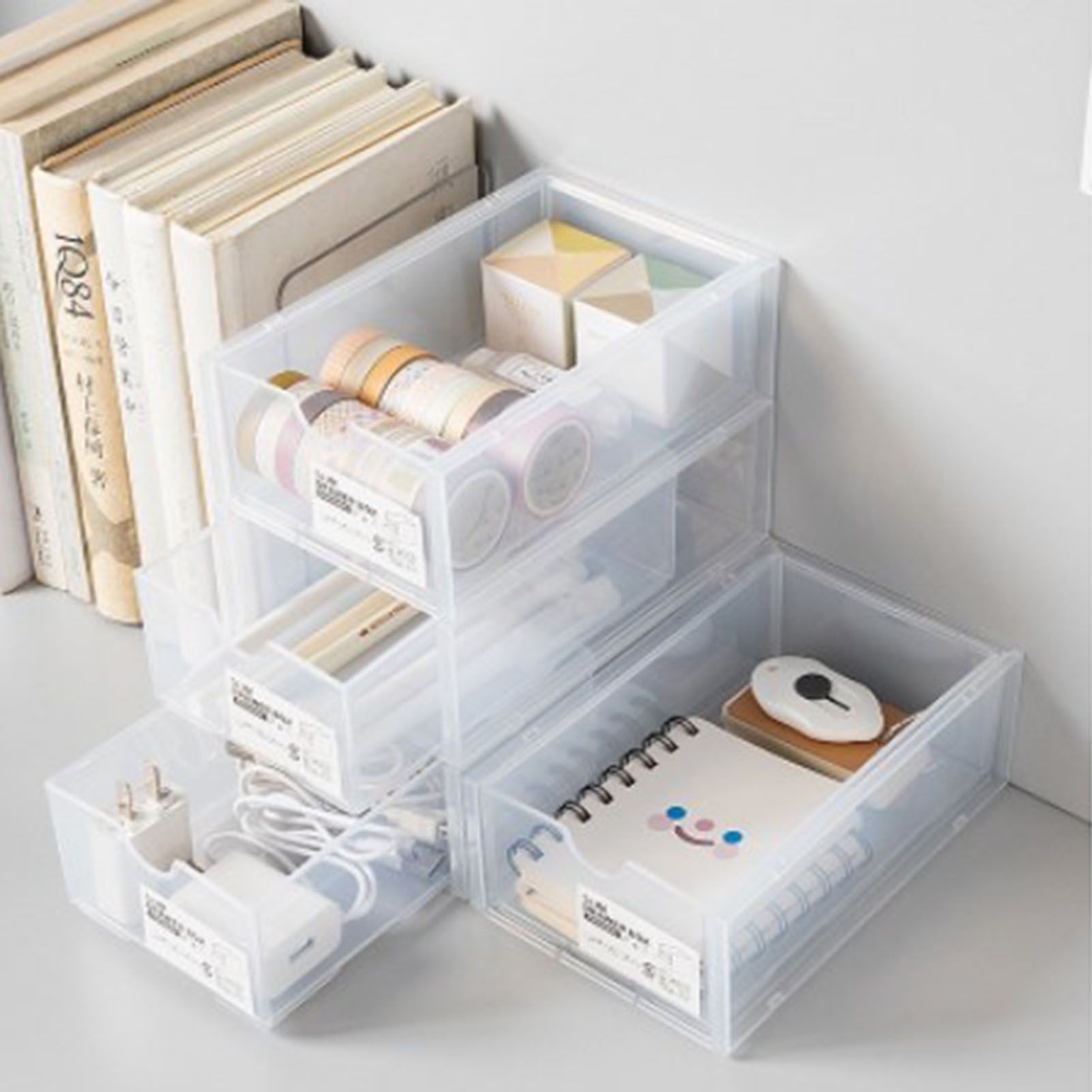 Desktop Storage Box Plastic Desk Makeup Organizer Stationery Supplies Storage Box with Drawer Transparent - Image 5