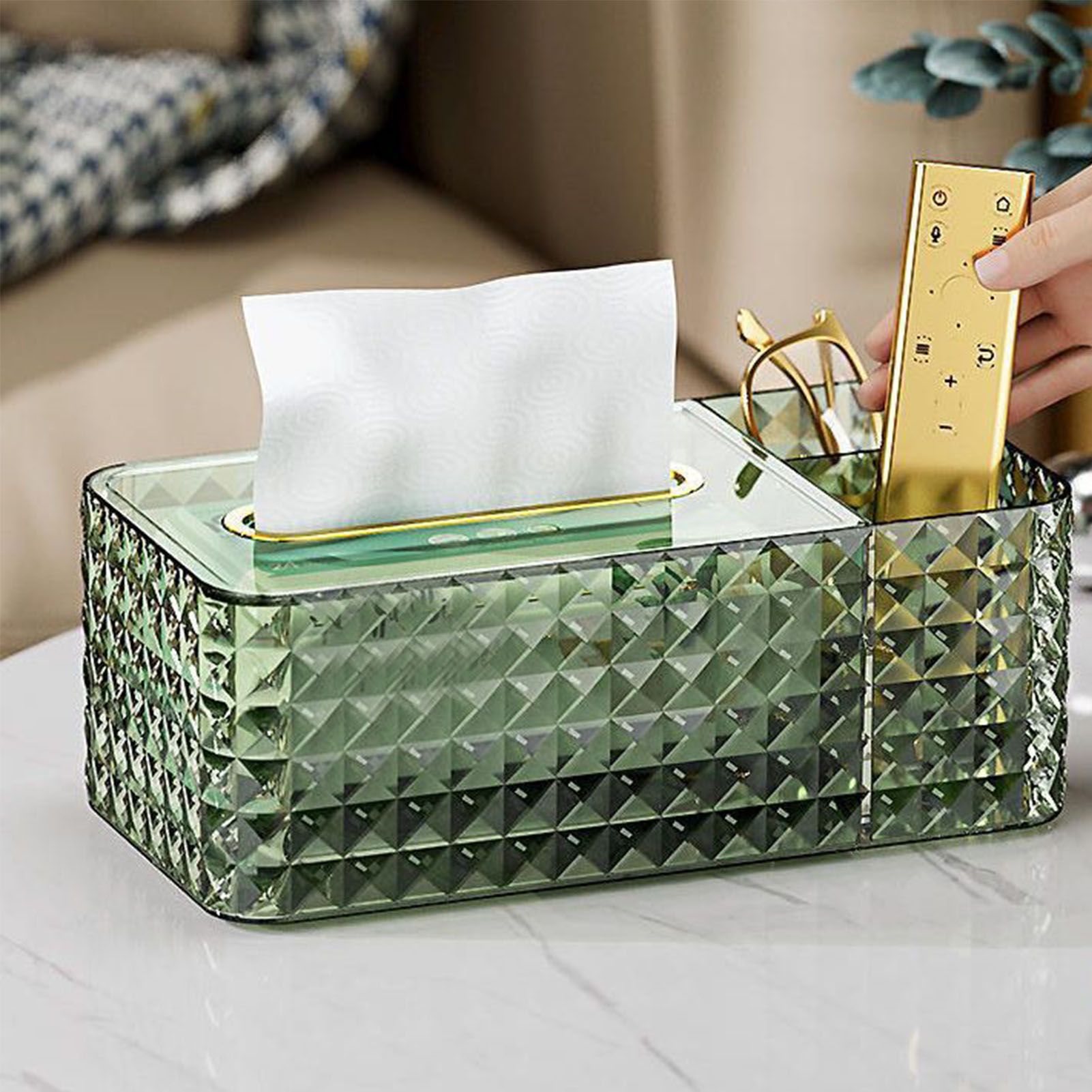 Tissue Storage Box Rhombus Texture Side Partition Towel Napkin Container Case Transparent Green - Image 7