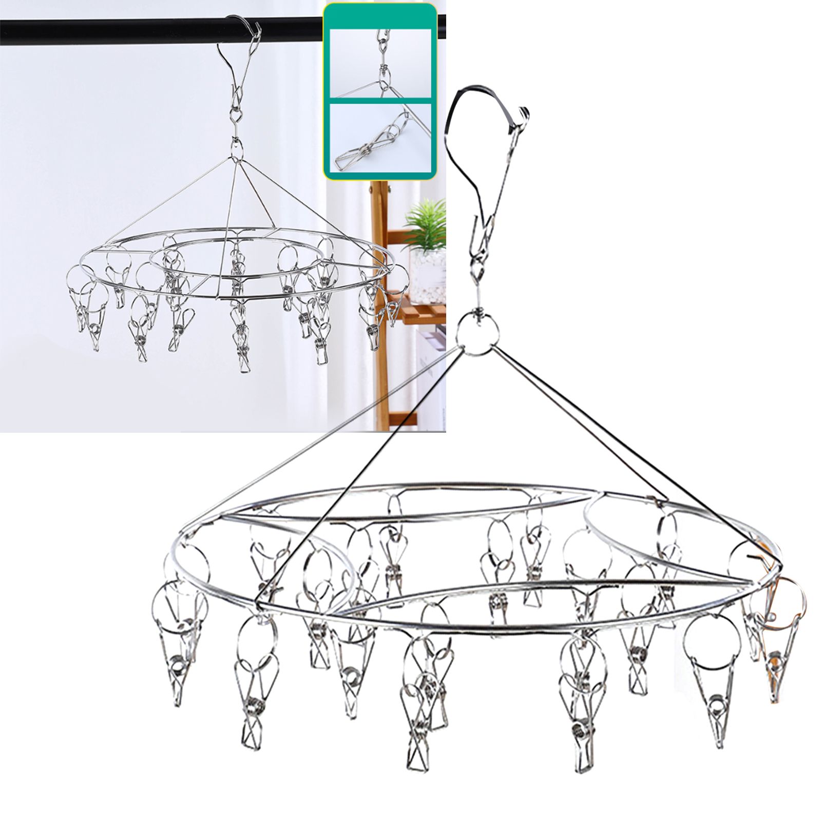 Clothes Drying Hanger Stainless Steel Multi Clip Laundry Drip Hanging Rack for Underwear Socks Hat Round - Image 6