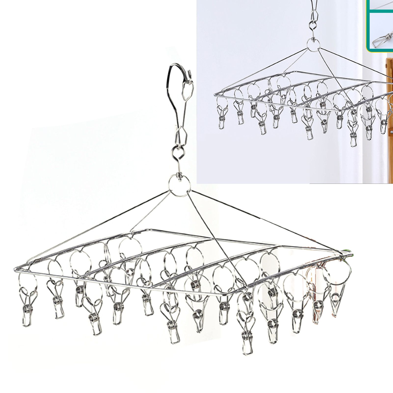 Clothes Drying Hanger Stainless Steel Multi Clip Laundry Drip Hanging Rack for Underwear Socks Hat Square - Image 6
