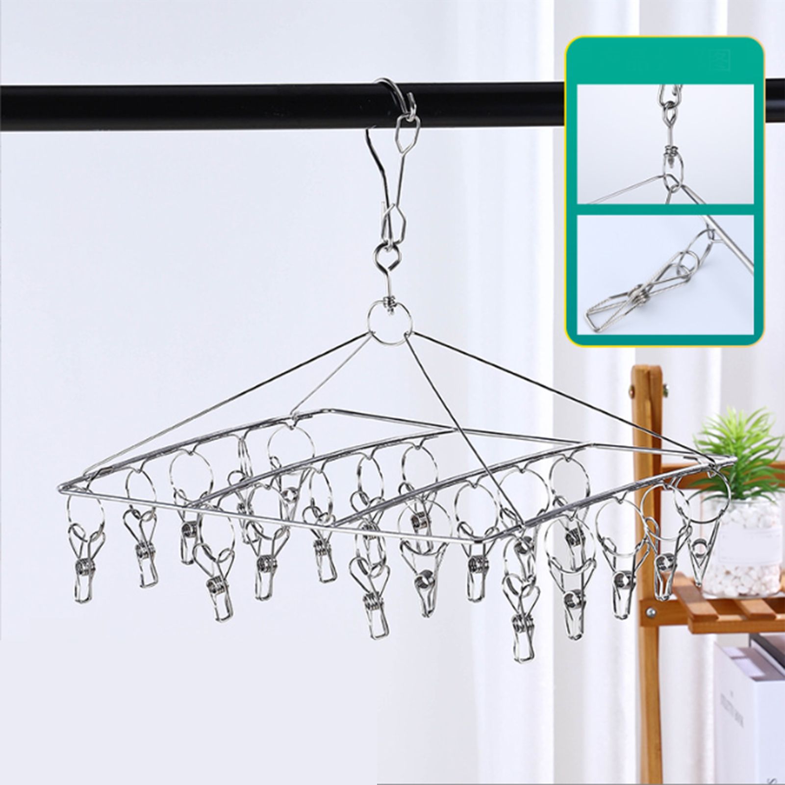 Clothes Drying Hanger Stainless Steel Multi Clip Laundry Drip Hanging Rack for Underwear Socks Hat Square - Image 7