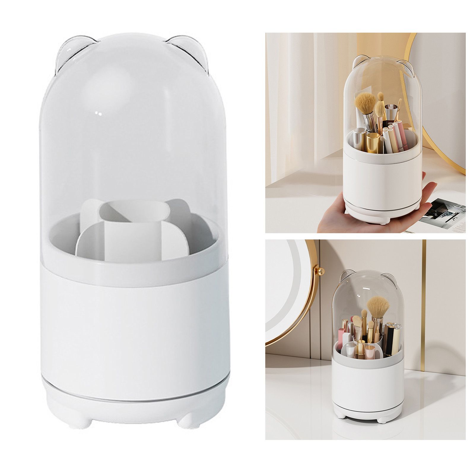 Makeup Brush Storage Container 360 Degree Rotating Dust Prevention Transparent Lid Large Capacity Makeup Brush Holder White - Image 2