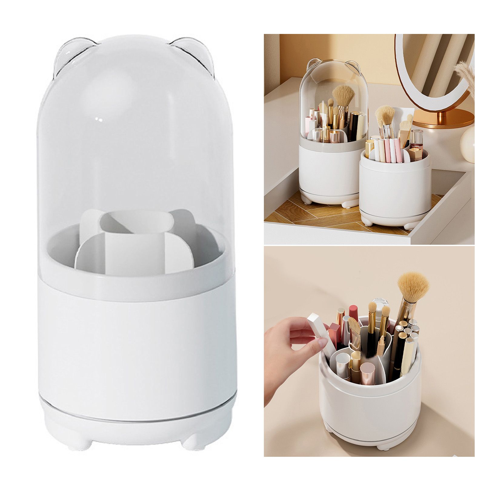 Makeup Brush Storage Container 360 Degree Rotating Dust Prevention Transparent Lid Large Capacity Makeup Brush Holder White - Image 3