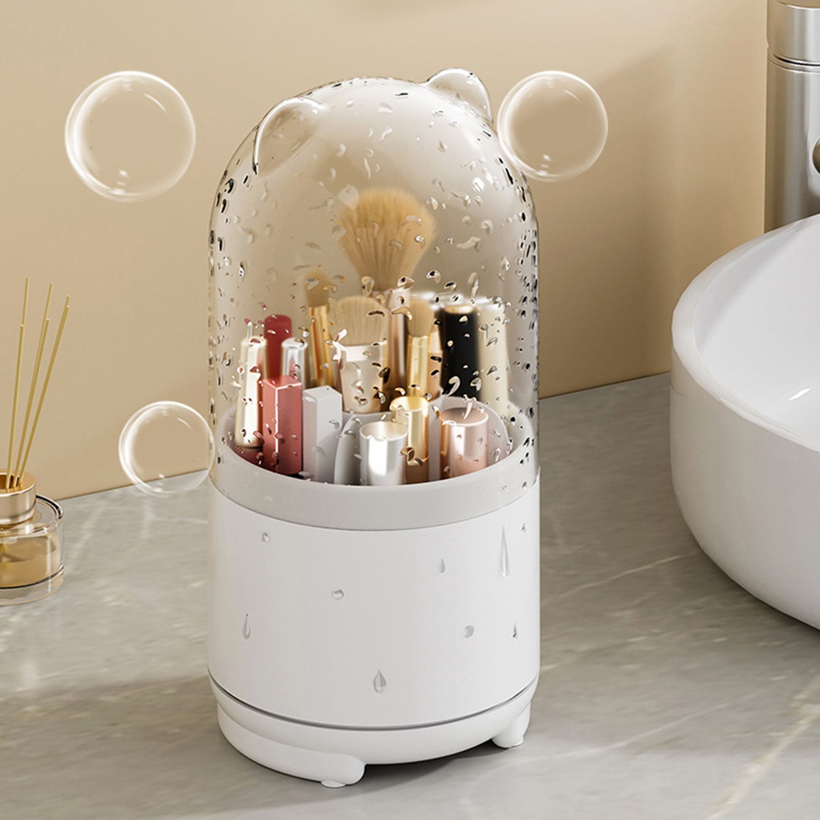 Makeup Brush Storage Container 360 Degree Rotating Dust Prevention Transparent Lid Large Capacity Makeup Brush Holder White - Image 6