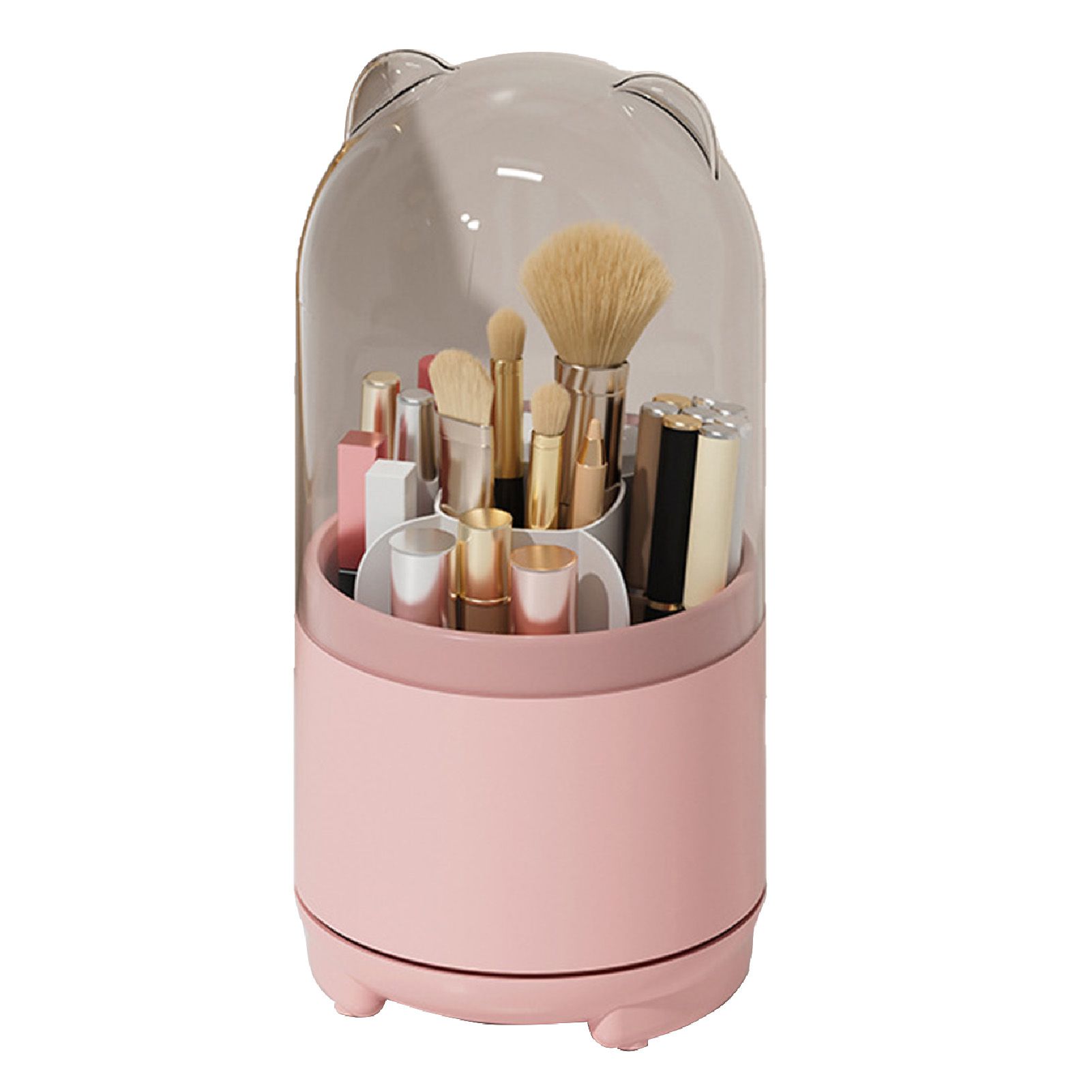 Makeup Brush Storage Container 360 Degree Rotating Dust Prevention Transparent Lid Large Capacity Makeup Brush Holder Pink - Image 1