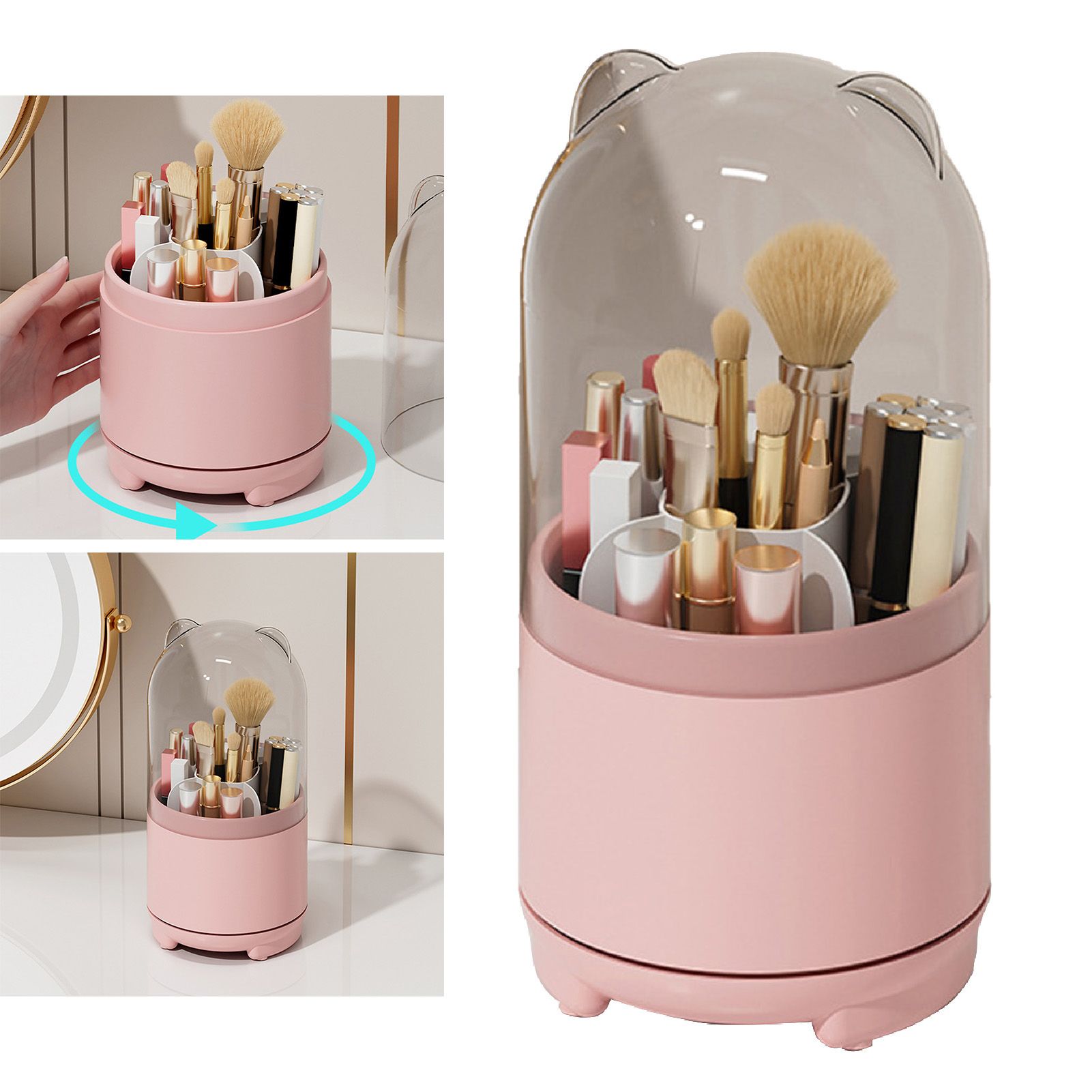 Makeup Brush Storage Container 360 Degree Rotating Dust Prevention Transparent Lid Large Capacity Makeup Brush Holder Pink - Image 3