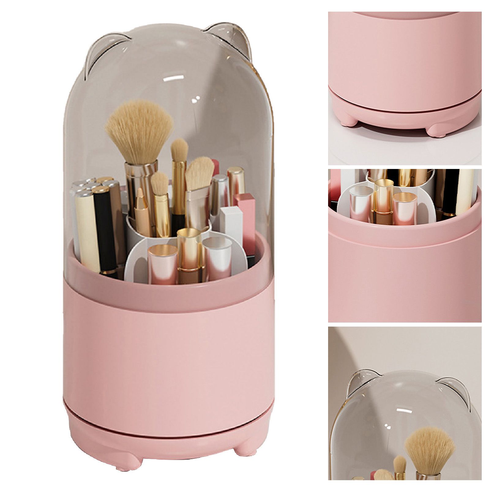 Makeup Brush Storage Container 360 Degree Rotating Dust Prevention Transparent Lid Large Capacity Makeup Brush Holder Pink - Image 4