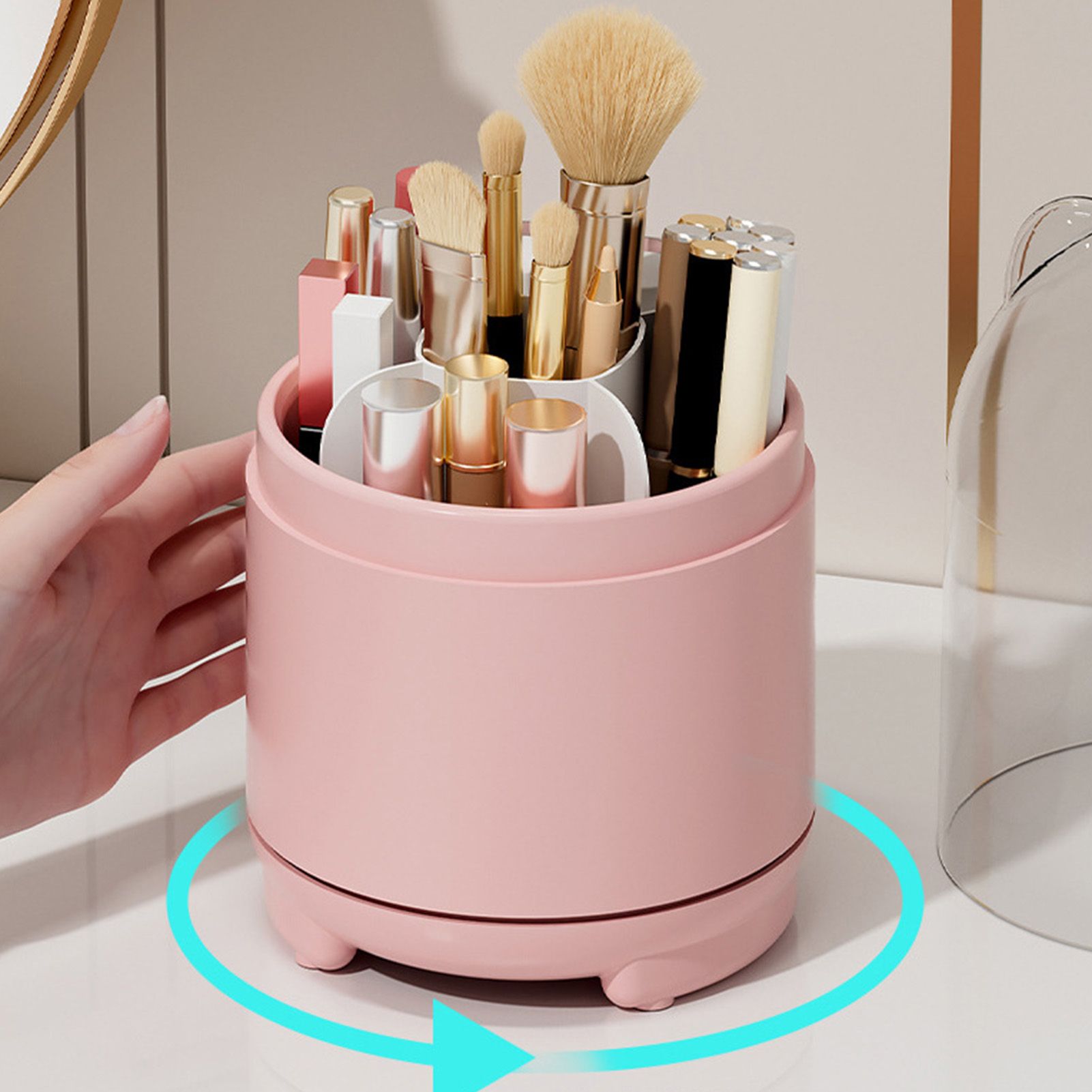 Makeup Brush Storage Container 360 Degree Rotating Dust Prevention Transparent Lid Large Capacity Makeup Brush Holder Pink - Image 5