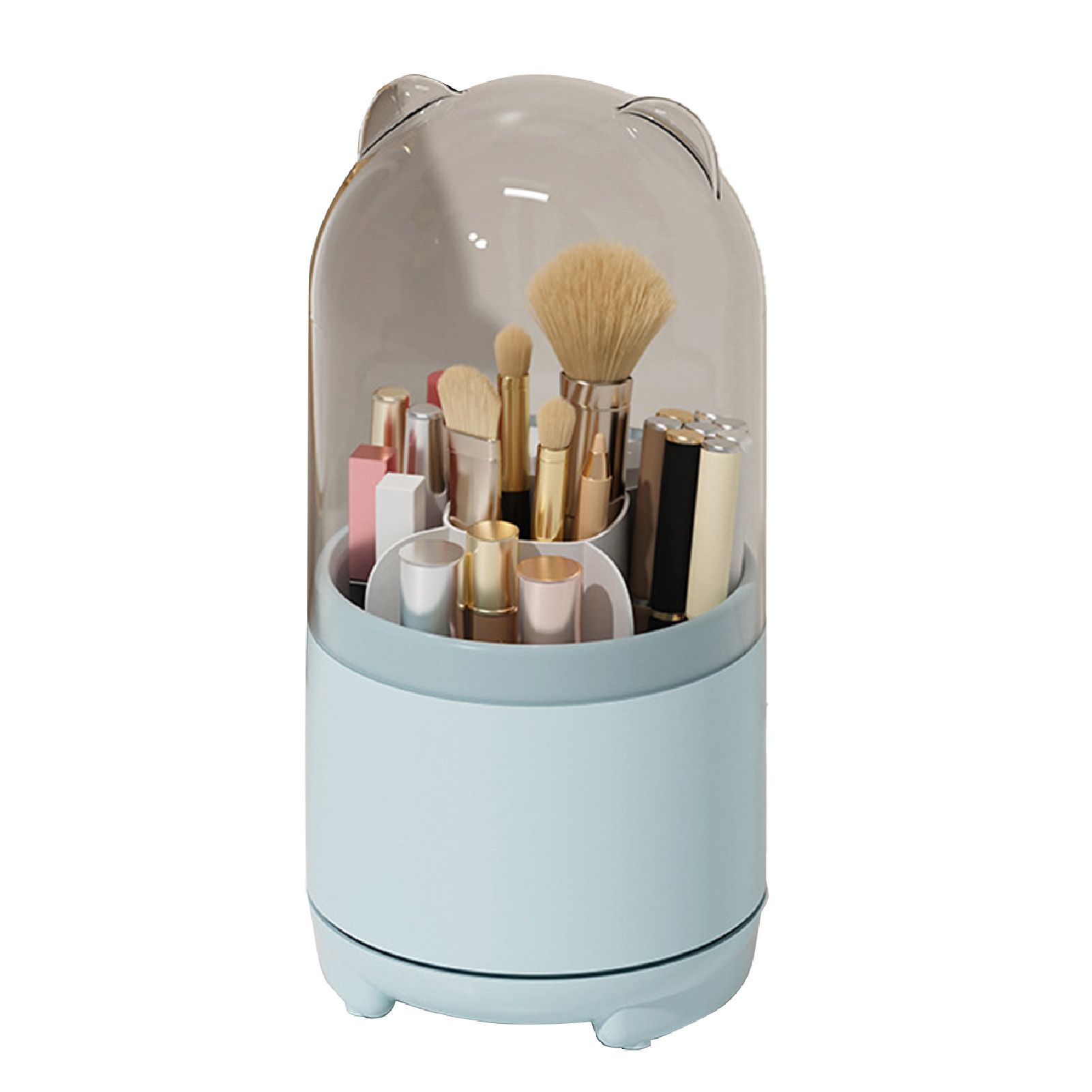 Makeup Brush Storage Container 360 Degree Rotating Dust Prevention Transparent Lid Large Capacity Makeup Brush Holder Blue - Image 1