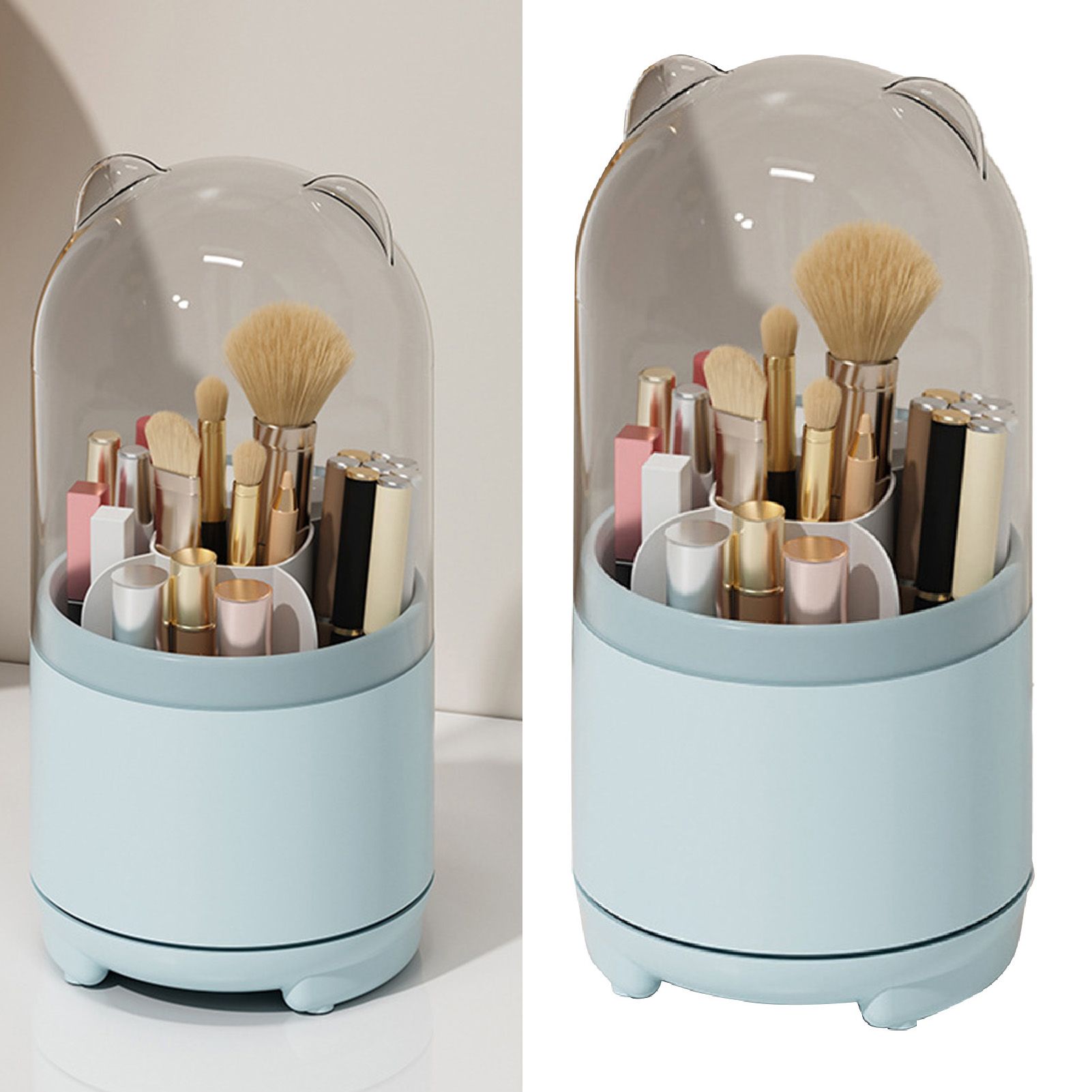 Makeup Brush Storage Container 360 Degree Rotating Dust Prevention Transparent Lid Large Capacity Makeup Brush Holder Blue - Image 3