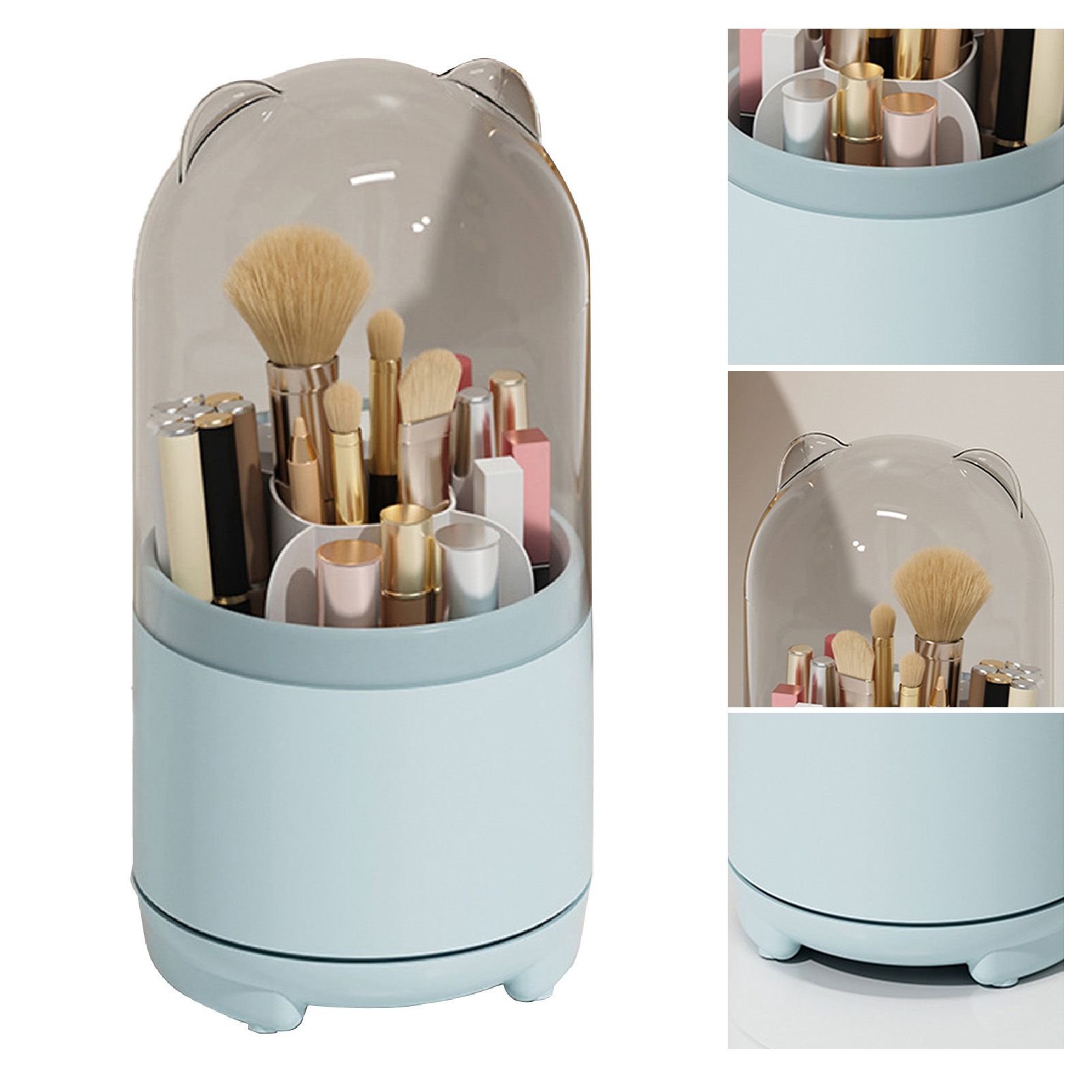 Makeup Brush Storage Container 360 Degree Rotating Dust Prevention Transparent Lid Large Capacity Makeup Brush Holder Blue - Image 4