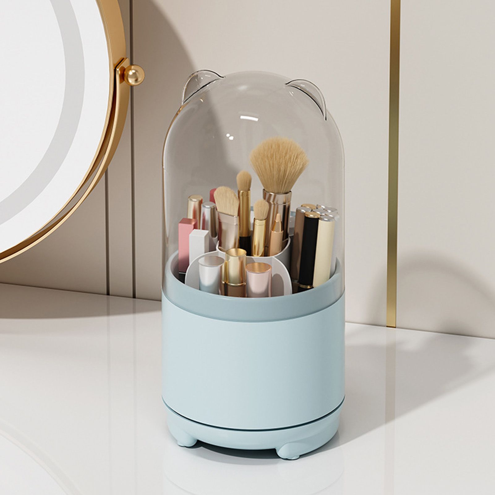 Makeup Brush Storage Container 360 Degree Rotating Dust Prevention Transparent Lid Large Capacity Makeup Brush Holder Blue - Image 5