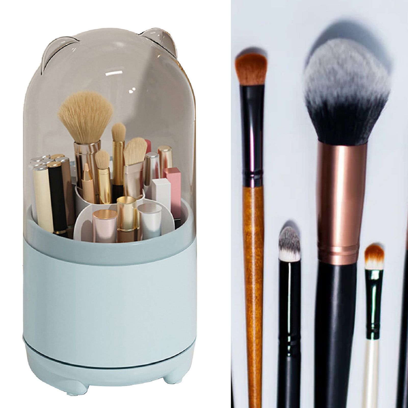 Makeup Brush Storage Container 360 Degree Rotating Dust Prevention Transparent Lid Large Capacity Makeup Brush Holder Blue - Image 6