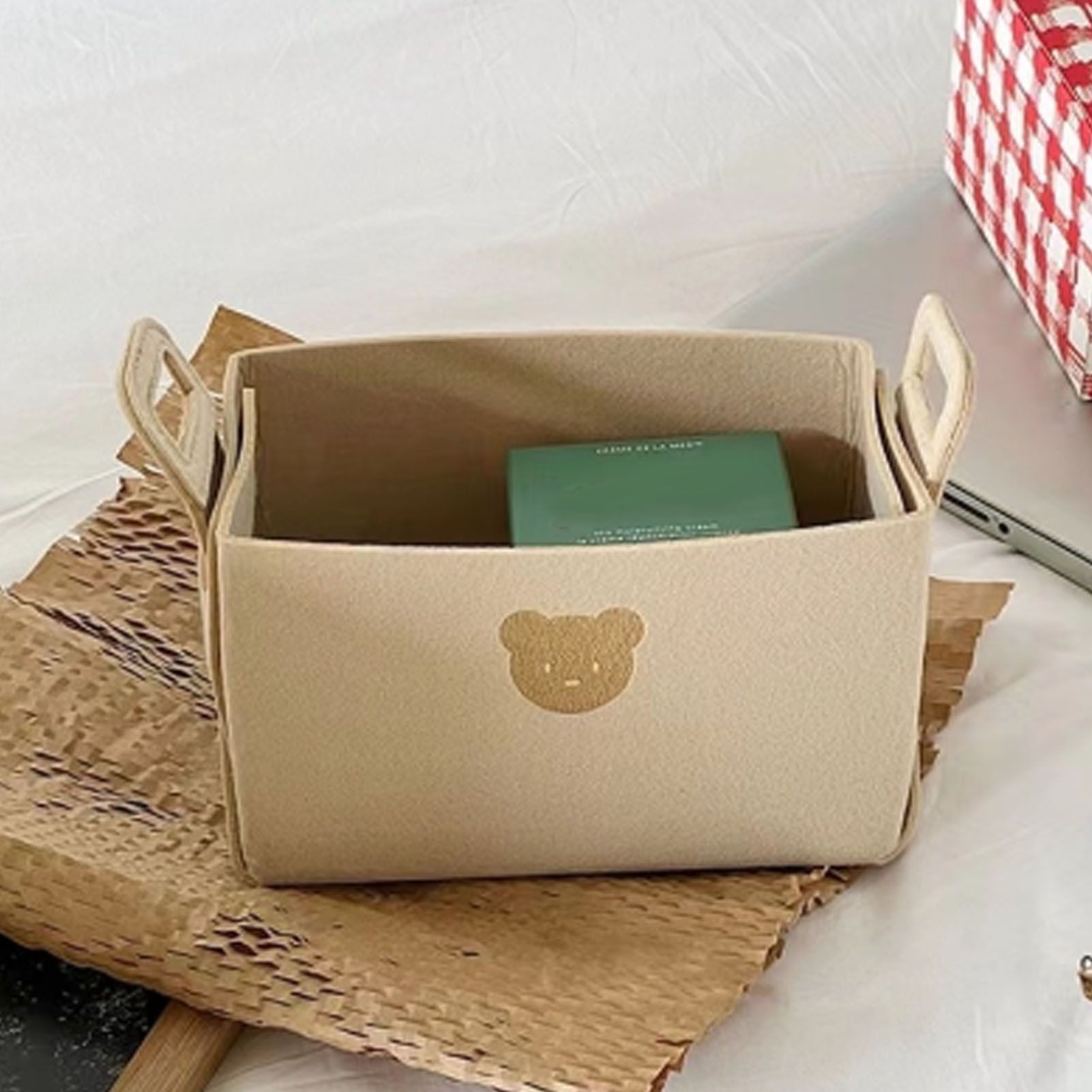 Felt Storage Basket with Handles Foldable Laundry Snacks Toys Clothes Bin for Home Desktop Bear Pattern Beige - Image 5