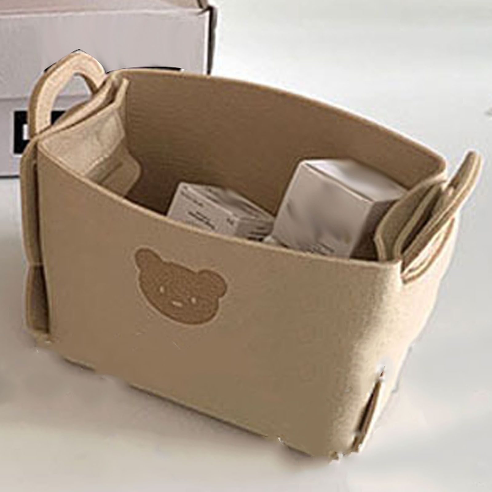 Felt Storage Basket with Handles Foldable Laundry Snacks Toys Clothes Bin for Home Desktop Bear Pattern Beige - Image 6