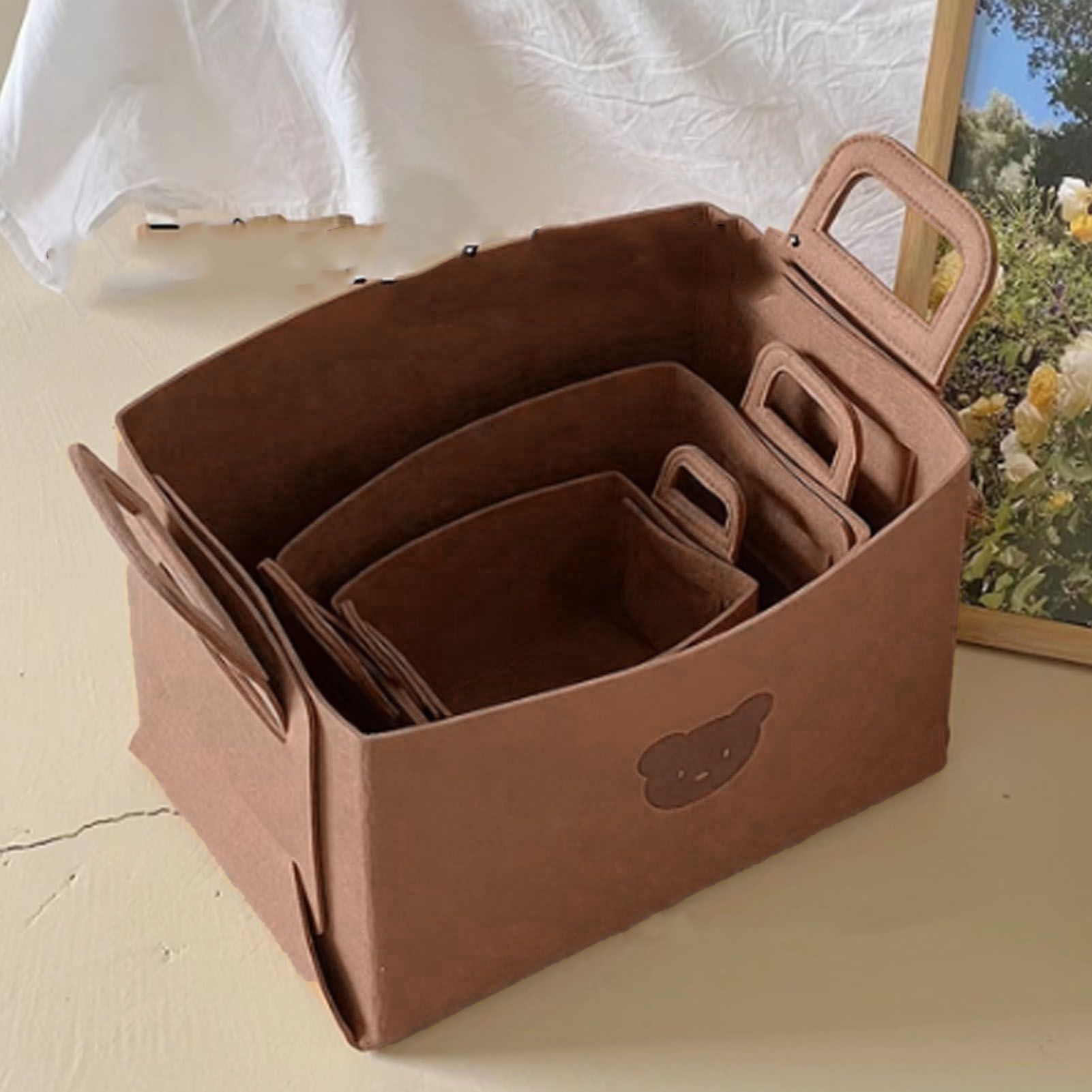 Felt Storage Basket with Handles Foldable Laundry Snacks Toys Clothes Bin for Home Desktop Bear Pattern Reddish Brown - Image 6