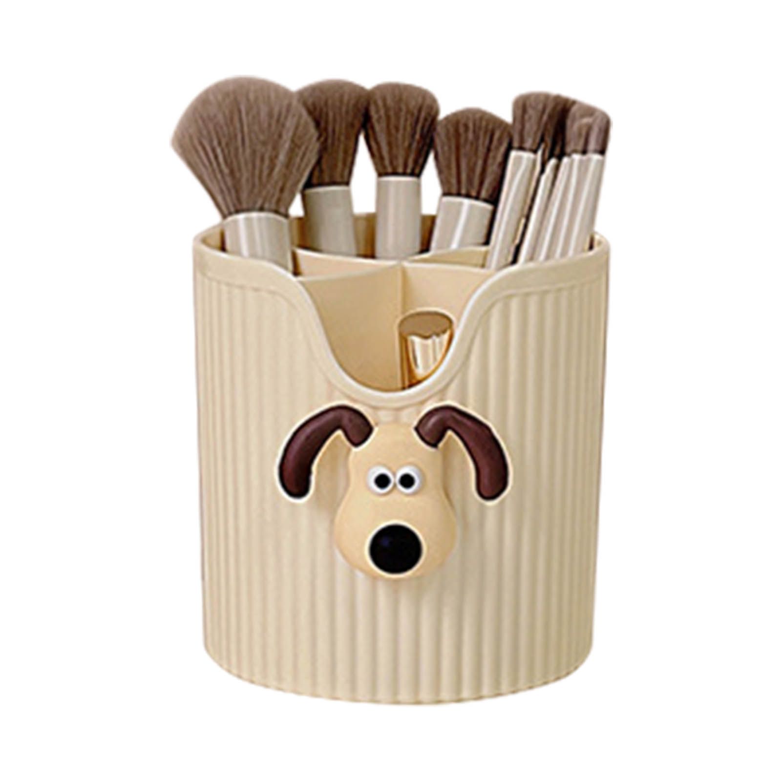 Desk Pencil Pen Holder 4 Compartments Large Capacity Cute School Supplies Makeup Brush Organizer Milky Yellow Dog Head - Image 1