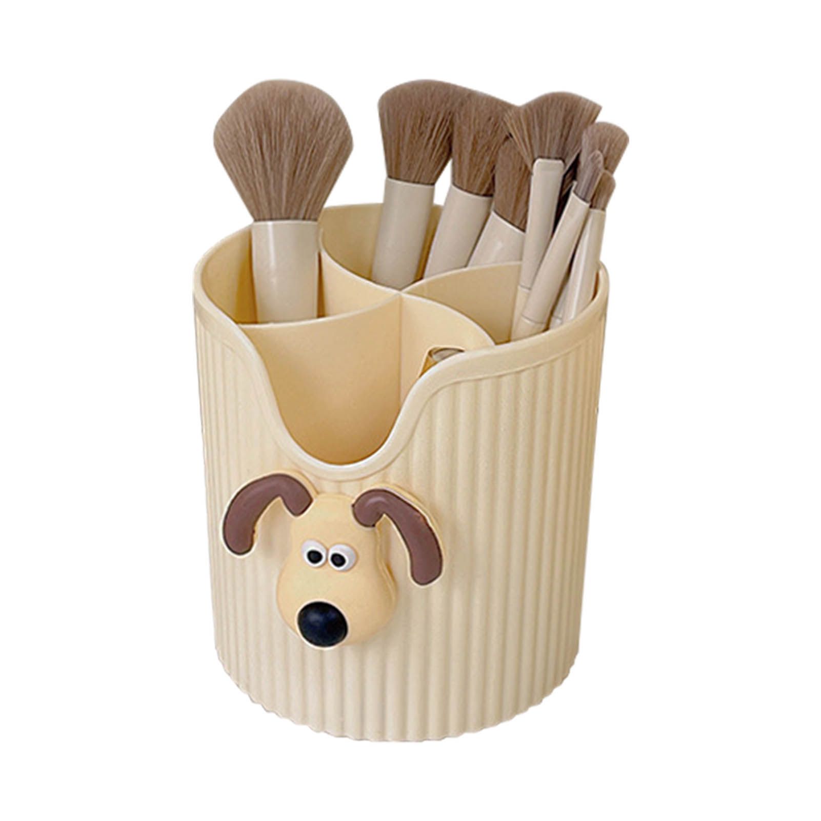Desk Pencil Pen Holder 4 Compartments Large Capacity Cute School Supplies Makeup Brush Organizer Milky Yellow Dog Head - Image 2