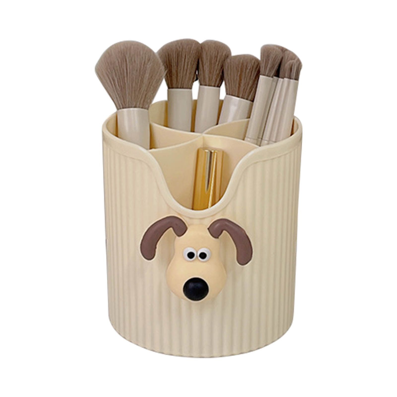 Desk Pencil Pen Holder 4 Compartments Large Capacity Cute School Supplies Makeup Brush Organizer Milky Yellow Dog Head - Image 3