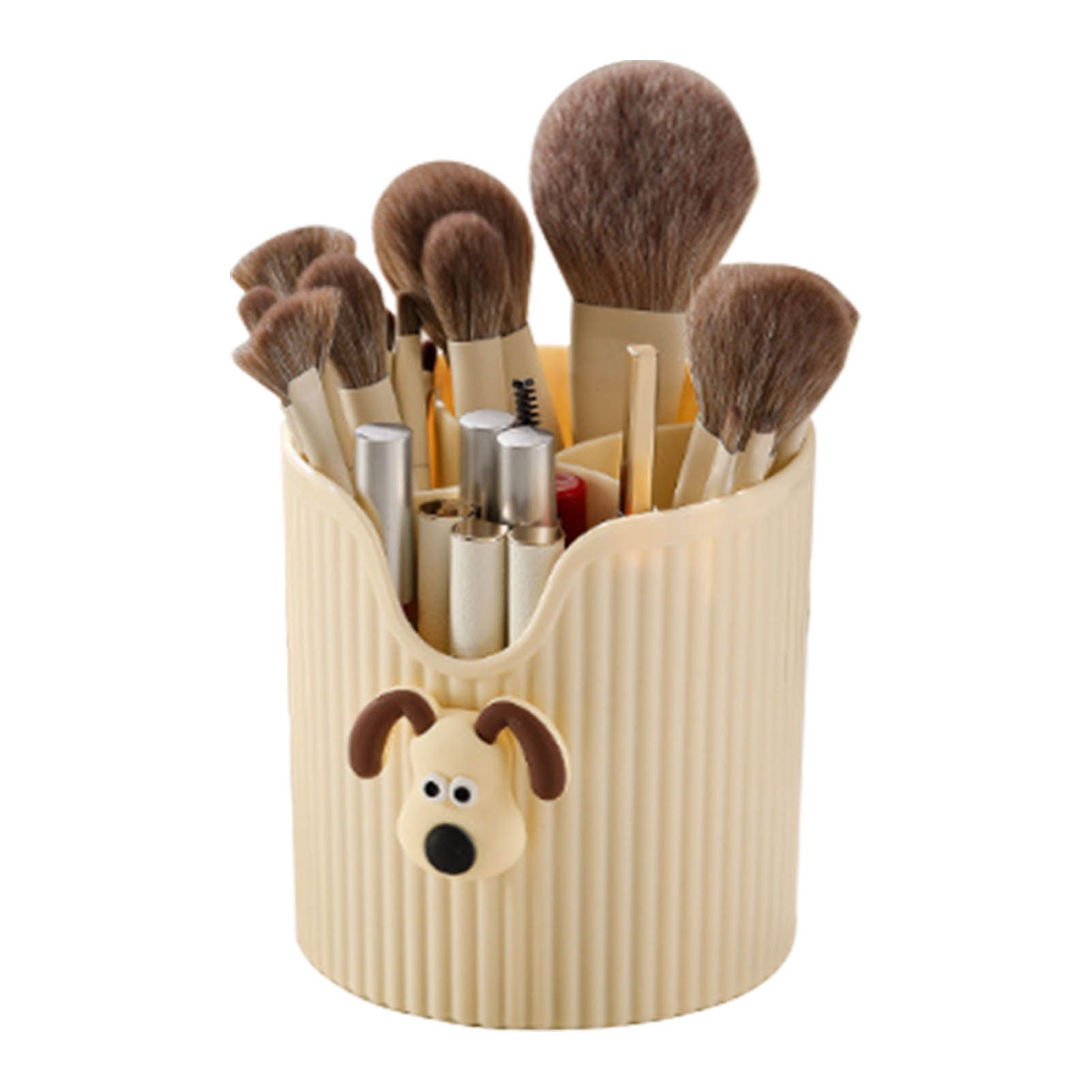 Desk Pencil Pen Holder 4 Compartments Large Capacity Cute School Supplies Makeup Brush Organizer Milky Yellow Dog Head - Image 4