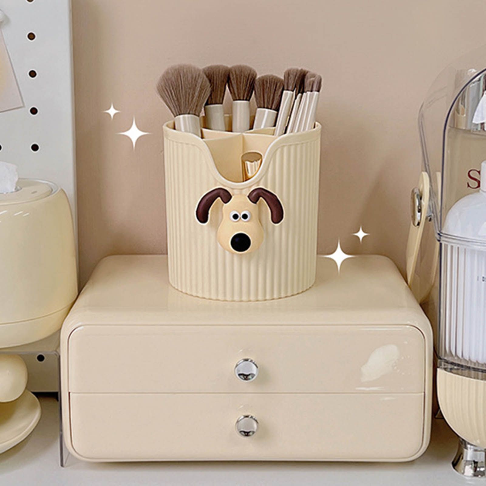 Desk Pencil Pen Holder 4 Compartments Large Capacity Cute School Supplies Makeup Brush Organizer Milky Yellow Dog Head - Image 5
