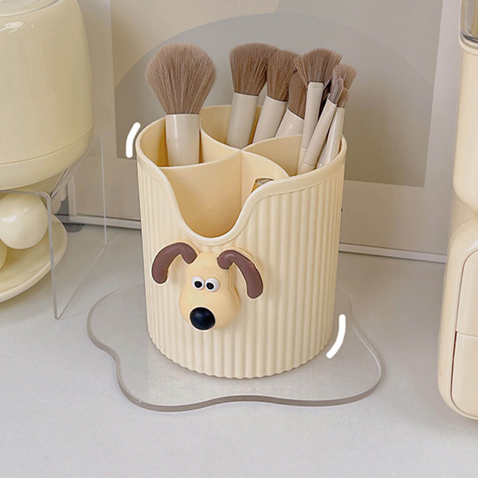Desk Pencil Pen Holder 4 Compartments Large Capacity Cute School Supplies Makeup Brush Organizer Milky Yellow Dog Head - Image 6