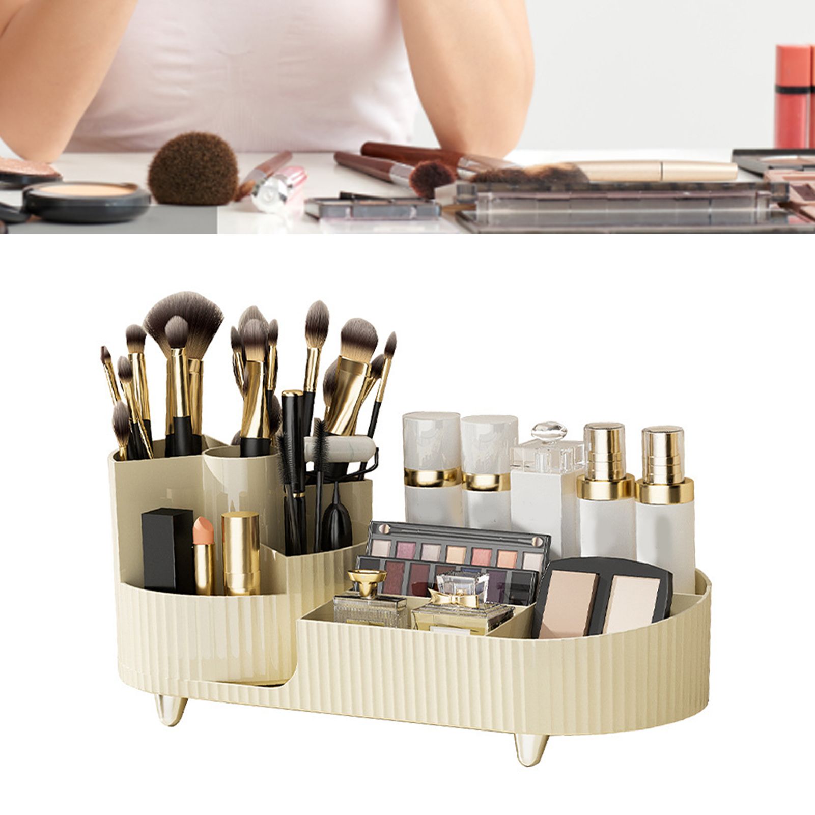 Makeup Storage Organizer Large Capacity Perforation Free Rotatable Partition Cosmetic Storage Box White - Image 6