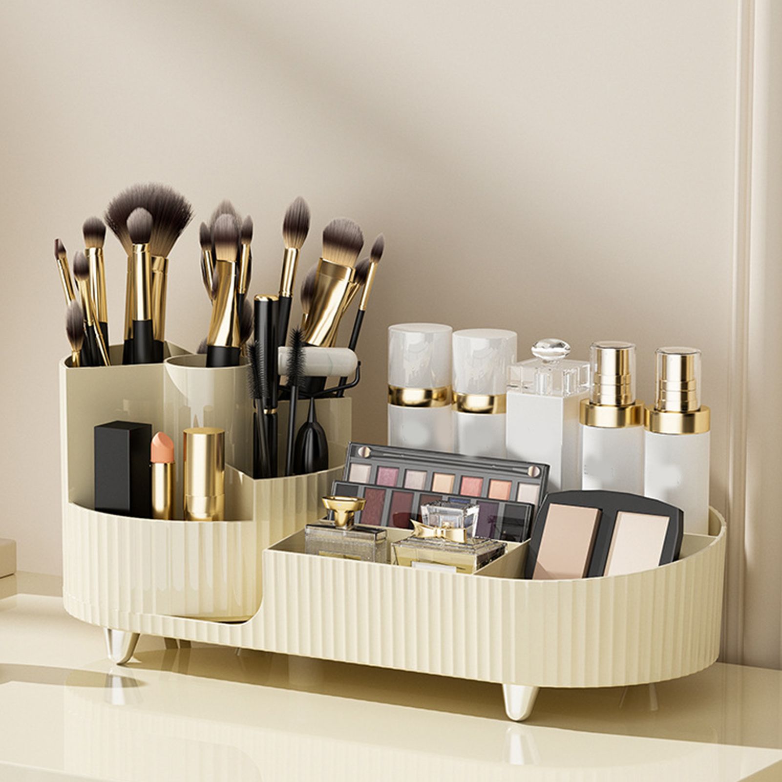 Makeup Storage Organizer Large Capacity Perforation Free Rotatable Partition Cosmetic Storage Box White - Image 7