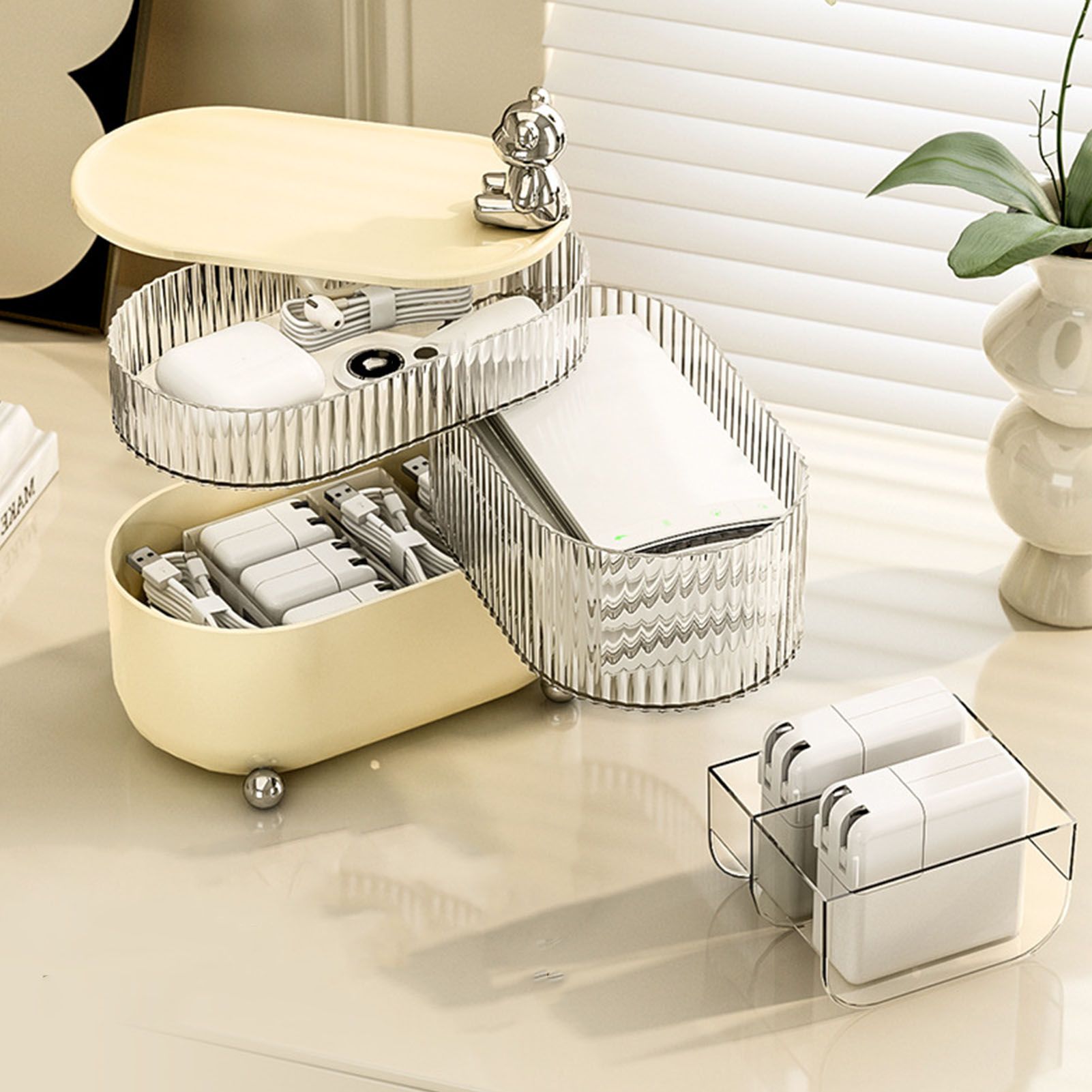 Desktop Storage Box 3 Tier Rotating Divided Organizer for Jewelry Data Cable Cosmetic Cream White - Image 6