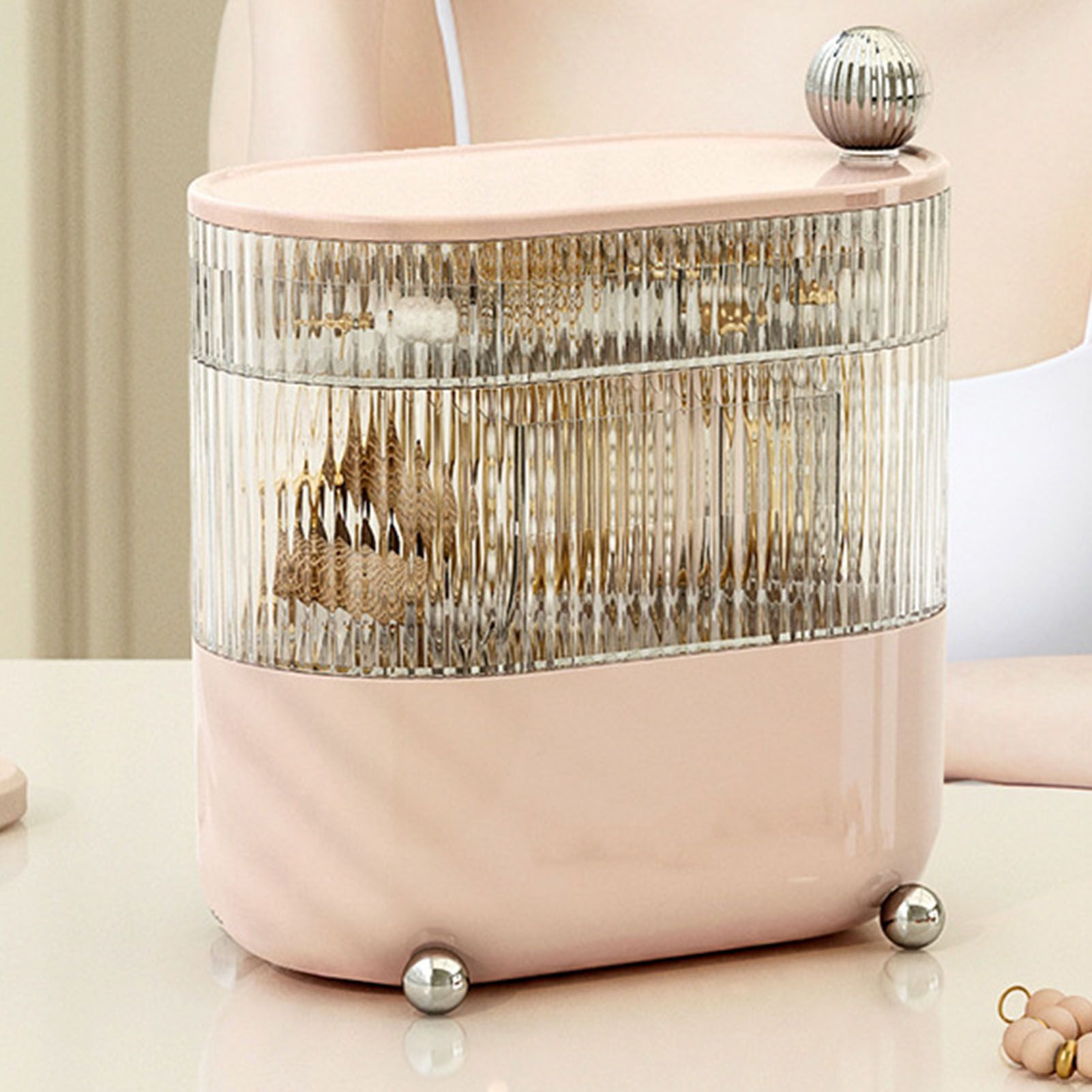 Desktop Storage Box 3 Tier Rotating Divided Organizer for Jewelry Data Cable Cosmetic Cream Pink - Image 5