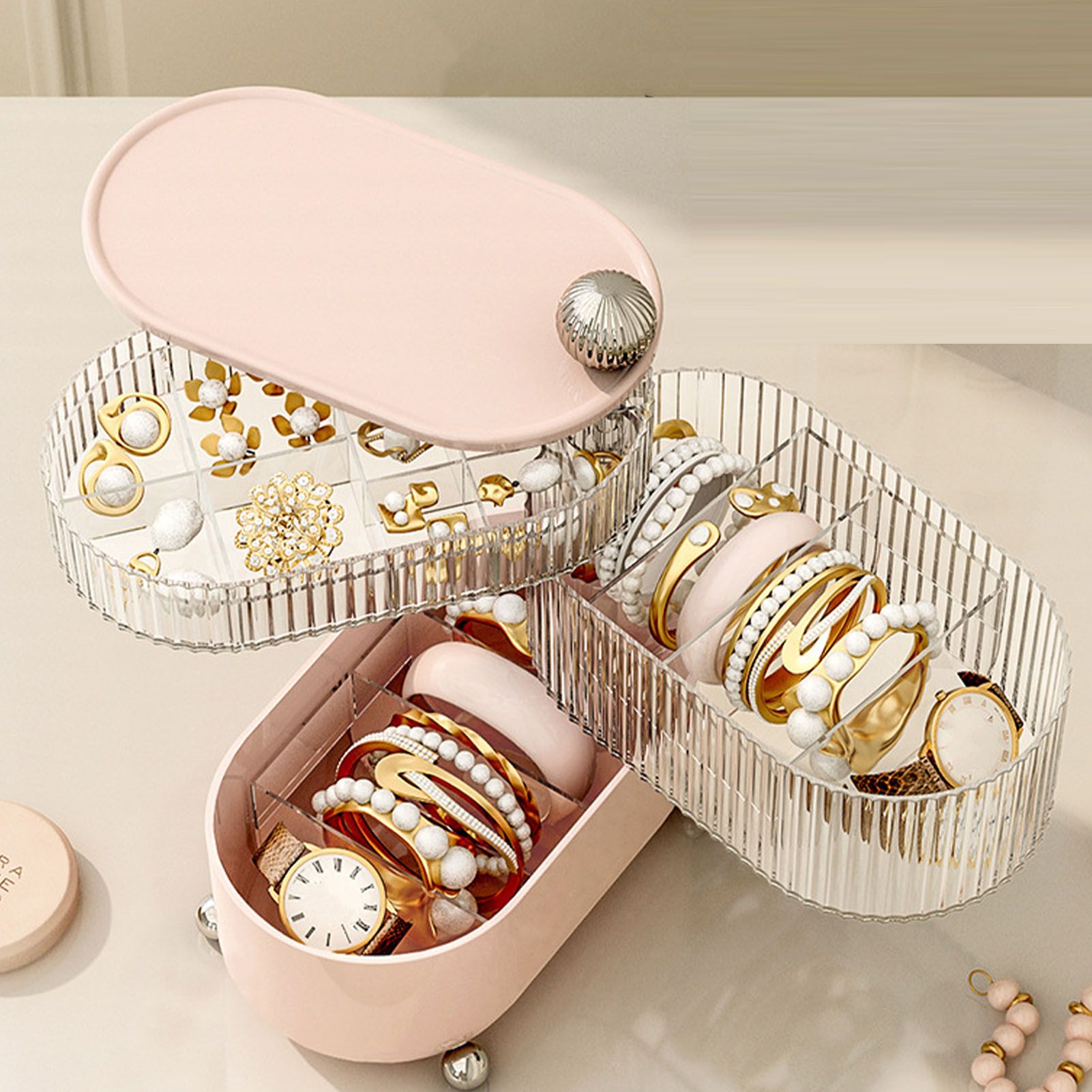 Desktop Storage Box 3 Tier Rotating Divided Organizer for Jewelry Data Cable Cosmetic Cream Pink - Image 6