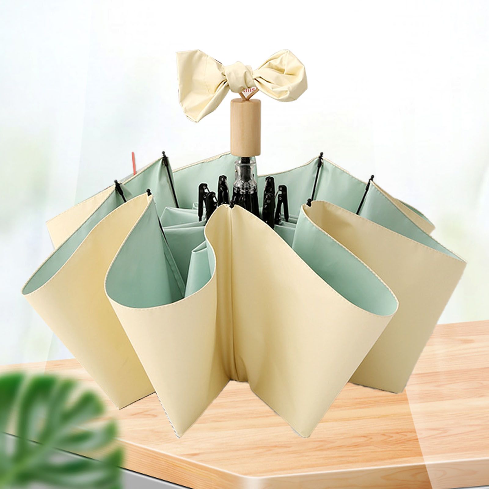 Travel Umbrella Ice Cream Color Sun Rain Proof UV Protection Foldable Portable Umbrella for Men Women Yellow Green - Image 5