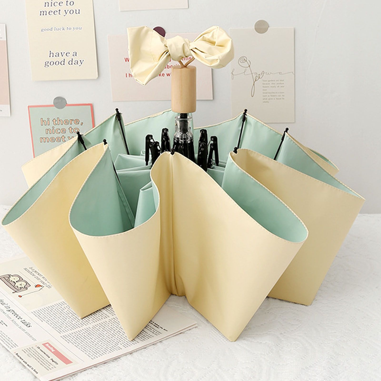 Travel Umbrella Ice Cream Color Sun Rain Proof UV Protection Foldable Portable Umbrella for Men Women Yellow Green - Image 6