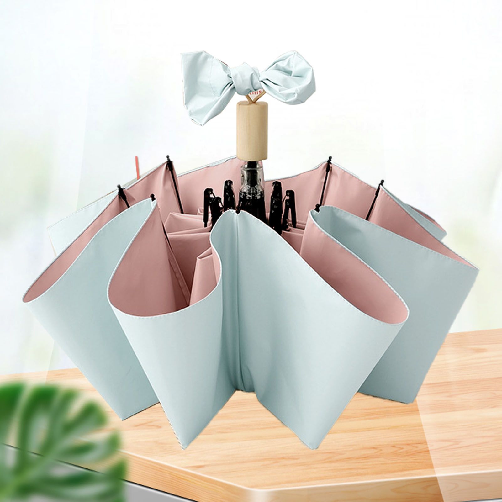 Travel Umbrella Ice Cream Color Sun Rain Proof UV Protection Foldable Portable Umbrella for Men Women Cyan Pink - Image 5