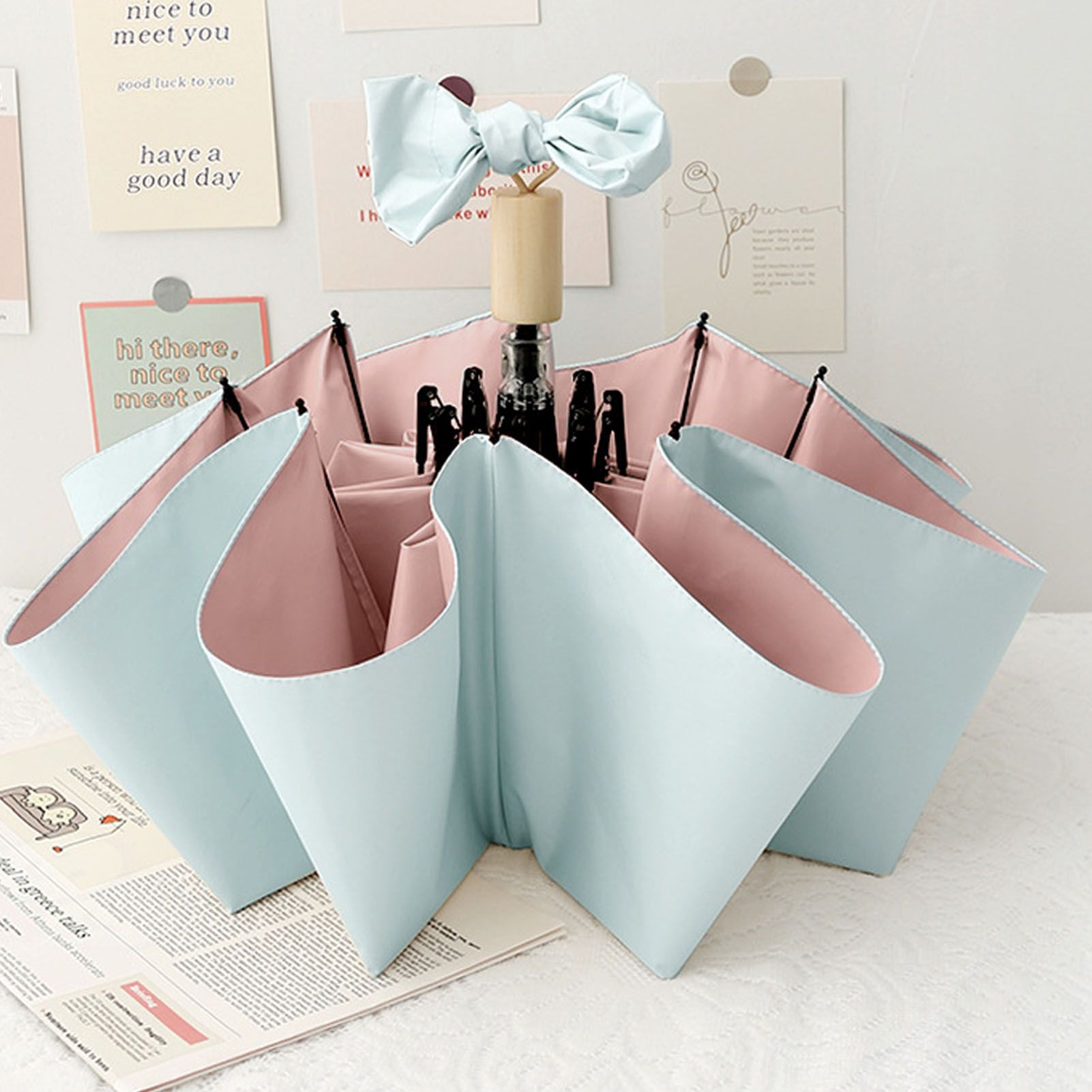 Travel Umbrella Ice Cream Color Sun Rain Proof UV Protection Foldable Portable Umbrella for Men Women Cyan Pink - Image 6