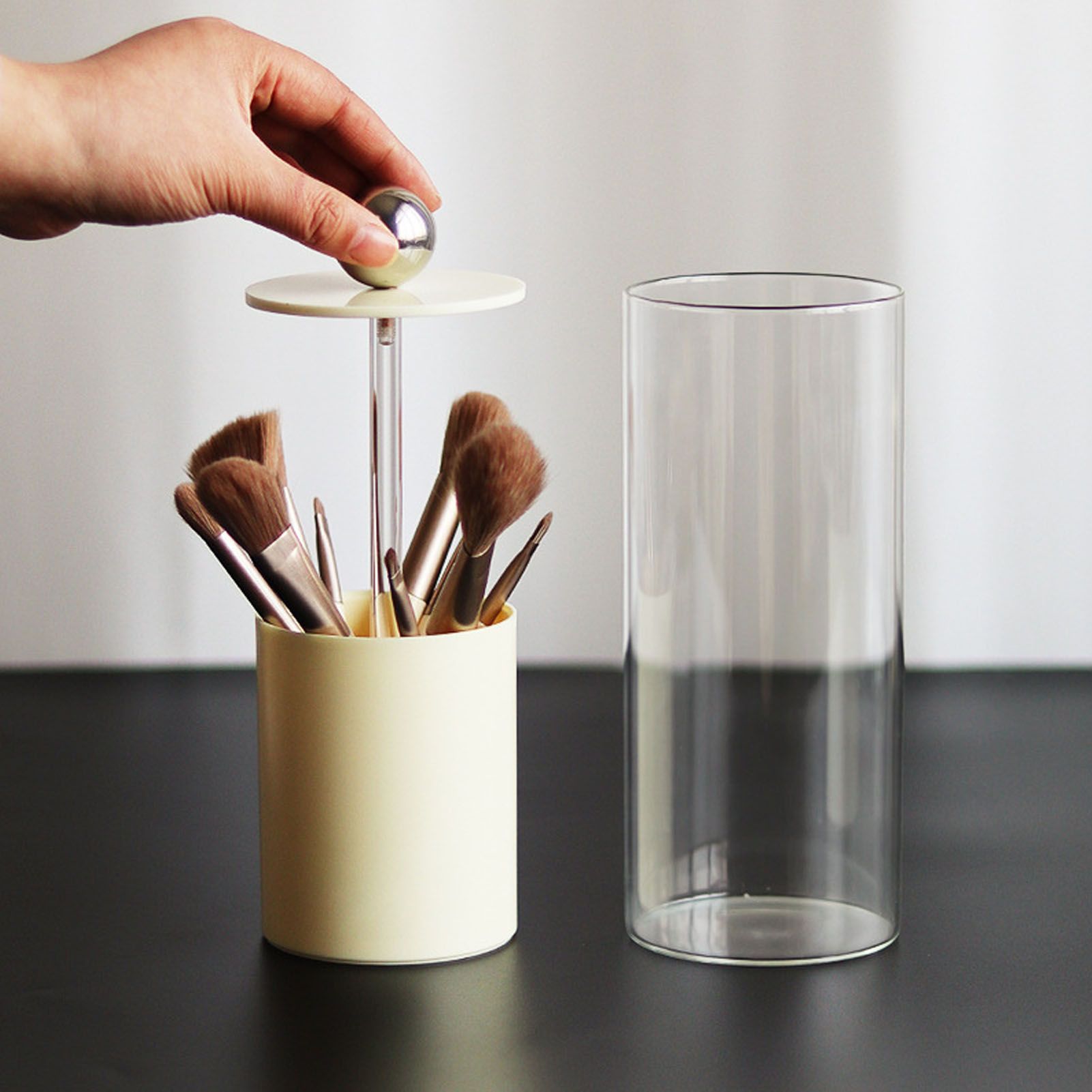 Makeup Brush Holder Organizer with Lid Liftable Dustproof Makeup Brushes Container for Vanity Desktop Countertop Nordic Style Milky White Cover - Image 5