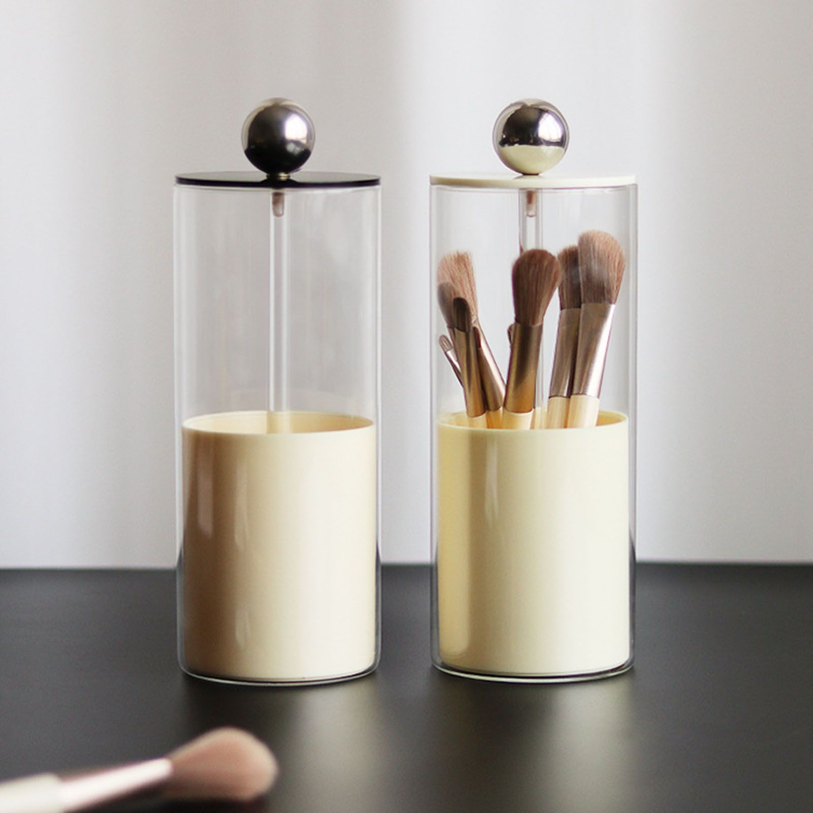 Makeup Brush Holder Organizer with Lid Liftable Dustproof Makeup Brushes Container for Vanity Desktop Countertop Nordic Style Milky White Cover - Image 6