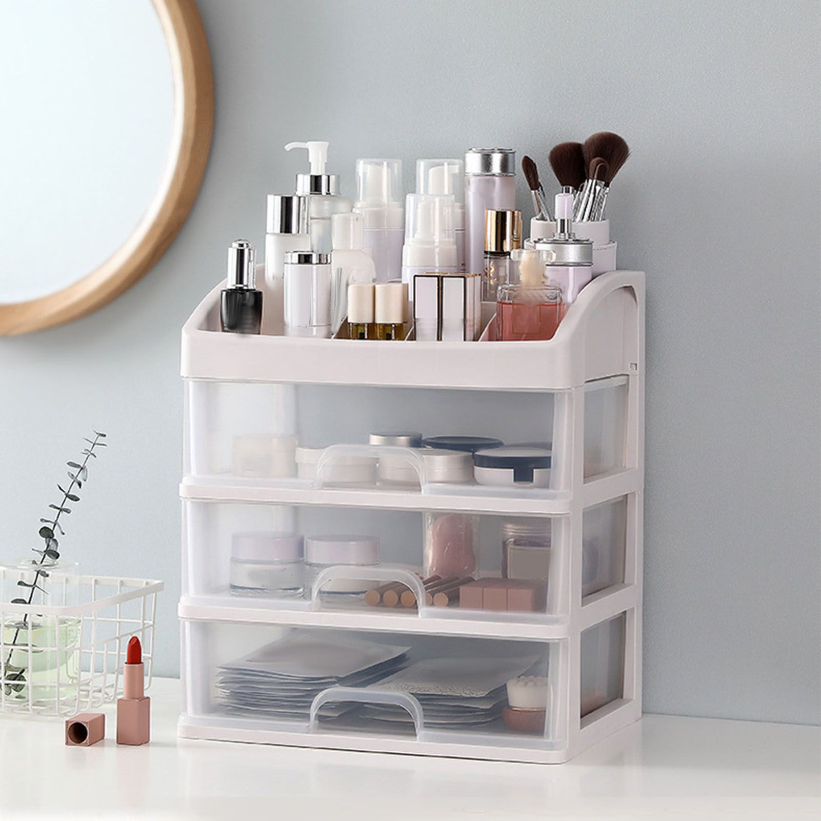 Desktop Organizer 3 Drawer Clear Plastic Desk Storage for Office Stationary Makeup Organizer Bathroom White - Image 6