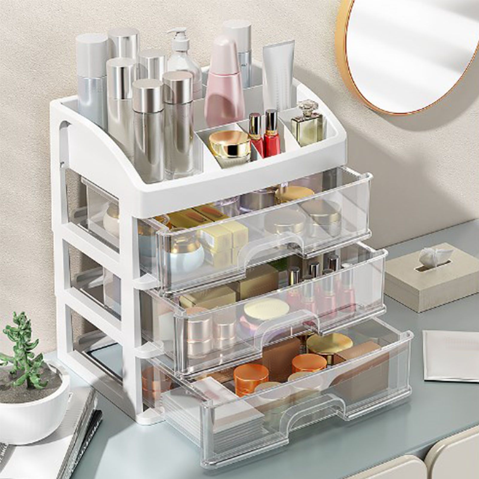 Desktop Organizer 3 Drawer Clear Plastic Desk Storage for Office Stationary Makeup Organizer Bathroom White - Image 7