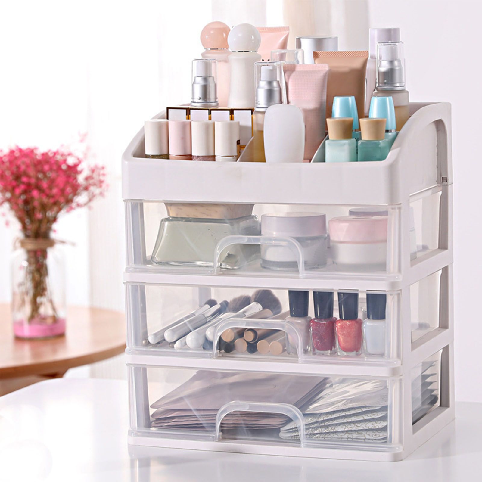 Desktop Organizer 3 Drawer Clear Plastic Desk Storage for Office Stationary Makeup Organizer Bathroom White - Image 8