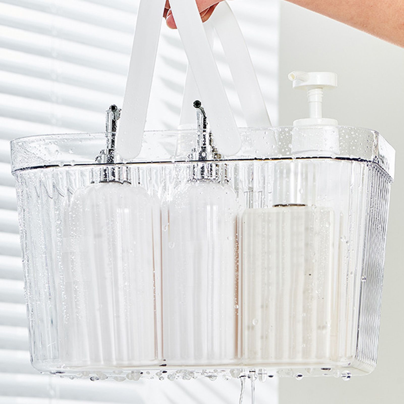 Bath Organizer Basket Stylish Clear Stripe Large Capacity Shower Storage Organizer with Handle for Bathroom White - Image 8