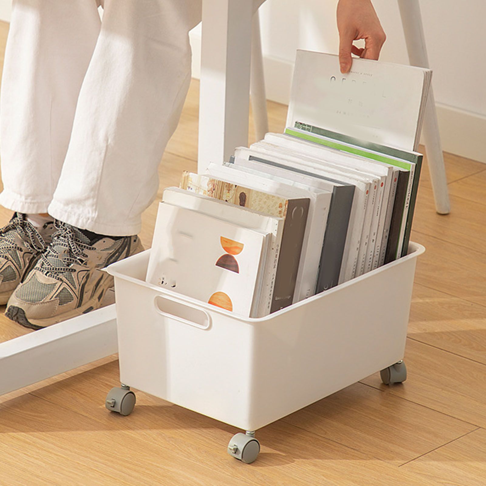 Storage Basket Roller Basket Premium PP Sturdy Portable Movable Easy Storage Large Capacity Organizer Box for Books Clothes Shoes White - Image 6