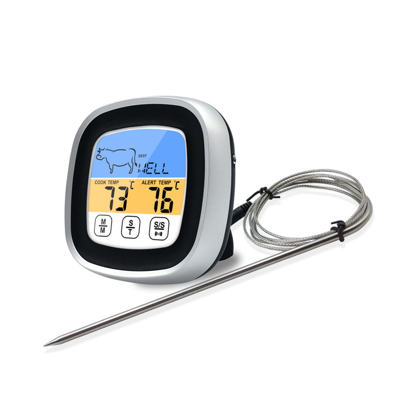 Digital Timer Thermometer Touch Screen Stainless Steel Meat Thermometer for Kitchen BBQ Black - Image 1