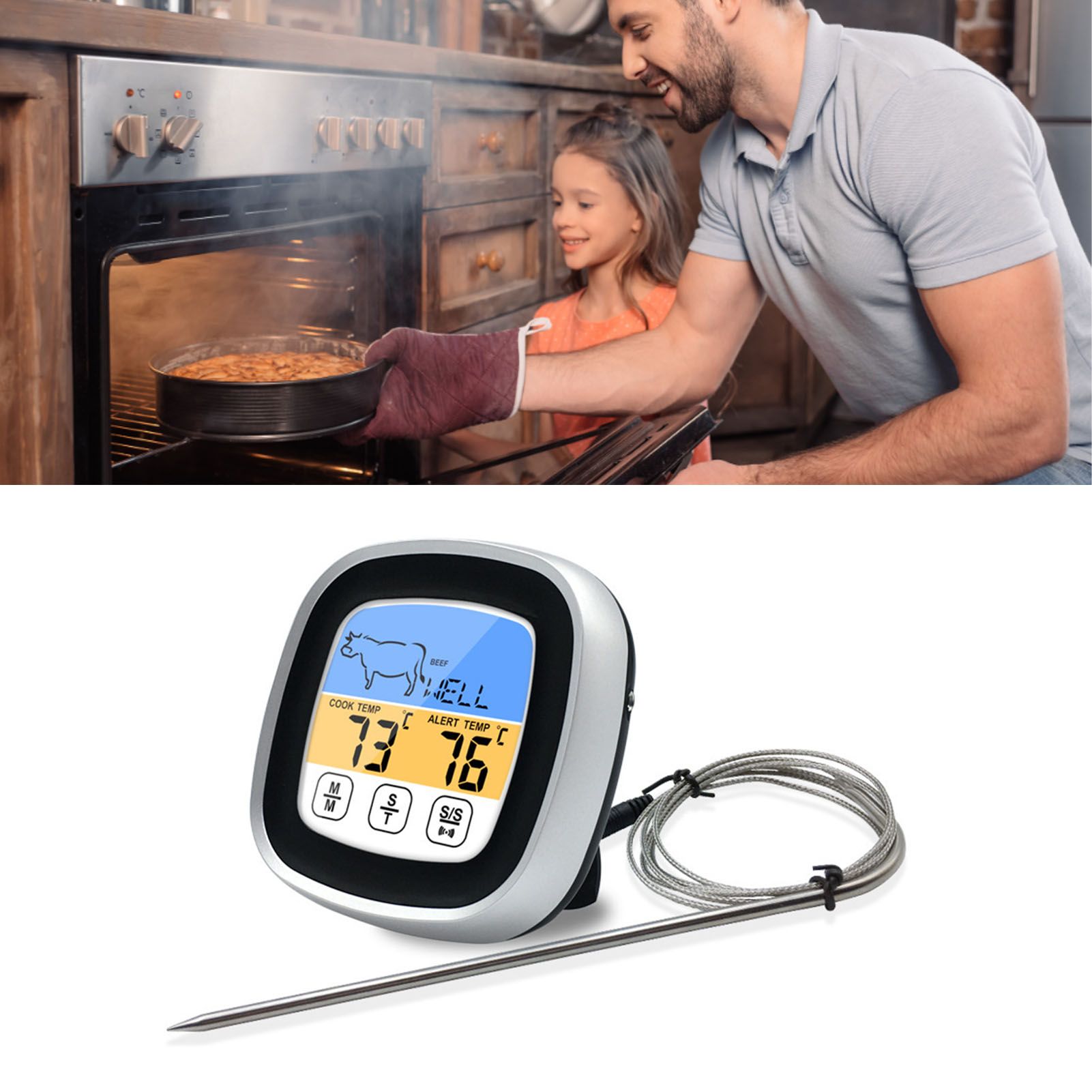Digital Timer Thermometer Touch Screen Stainless Steel Meat Thermometer for Kitchen BBQ Black - Image 5